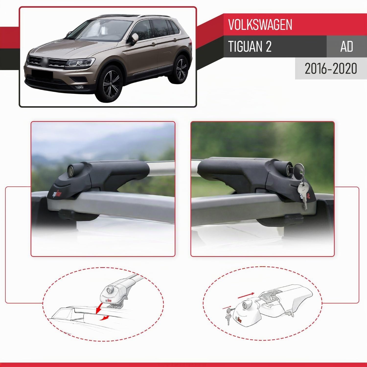 Compatible con Volkswagen Tiguan 2 (AD) Pre-Facelift 2016-2020 Modelo Ace-1 Barra de Techo Auto Portaequipajes Barras Transversales Gris Aluminio 2 Barras