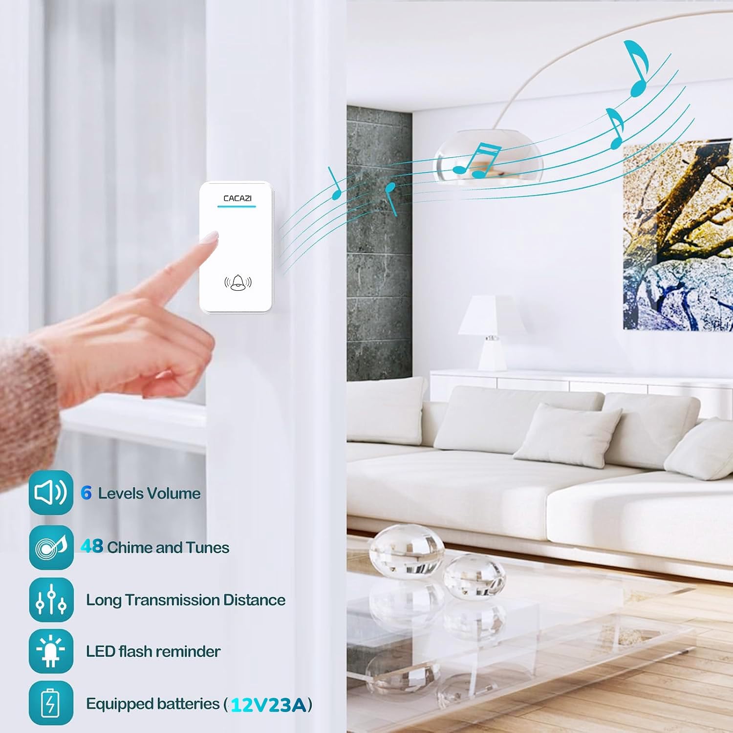 Campanello Senza Fili da Esterno Impermeabile IP68, Portata 300M, Wireless Doorbell Plug-in, con 2 Pulsanti Remoti, 48 Suonerie, 6 Volume Regolabile, Indicatore LED Lampeggiante,Bianca