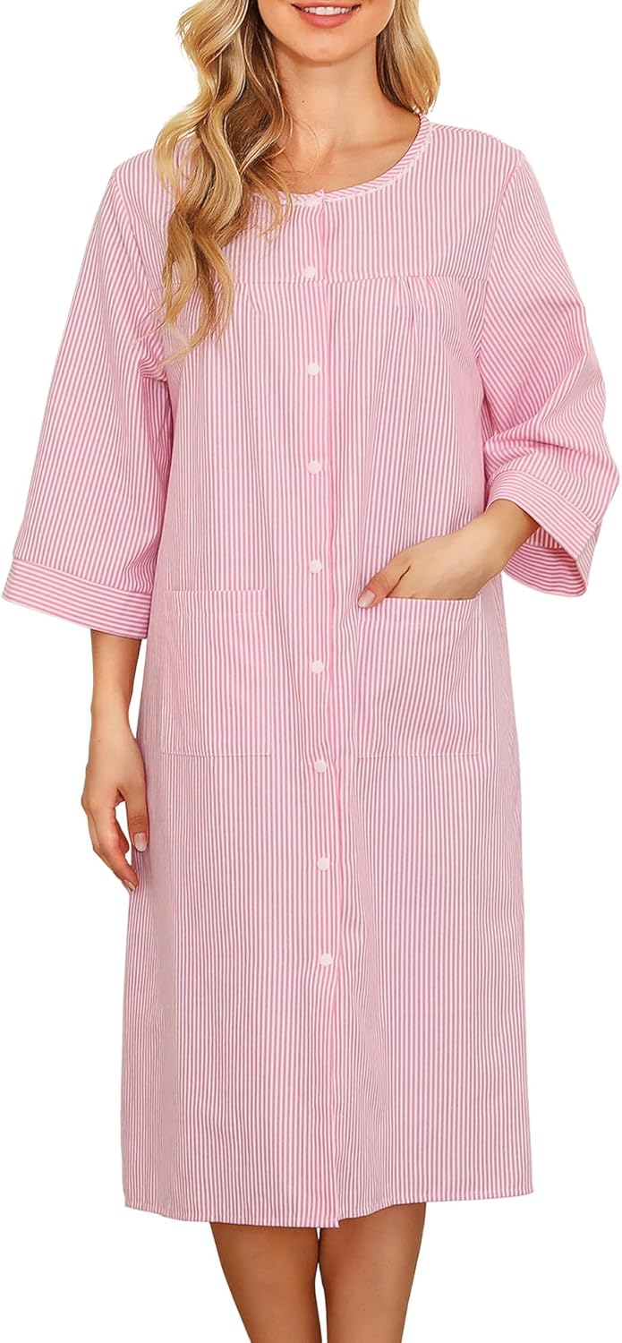Bloggerlove House Dress Women Cotton Snap Front Nightgown 3/4 Sleeve Housecoat Duster Robe with Pockets Moomoo Patio Dress - Image 2