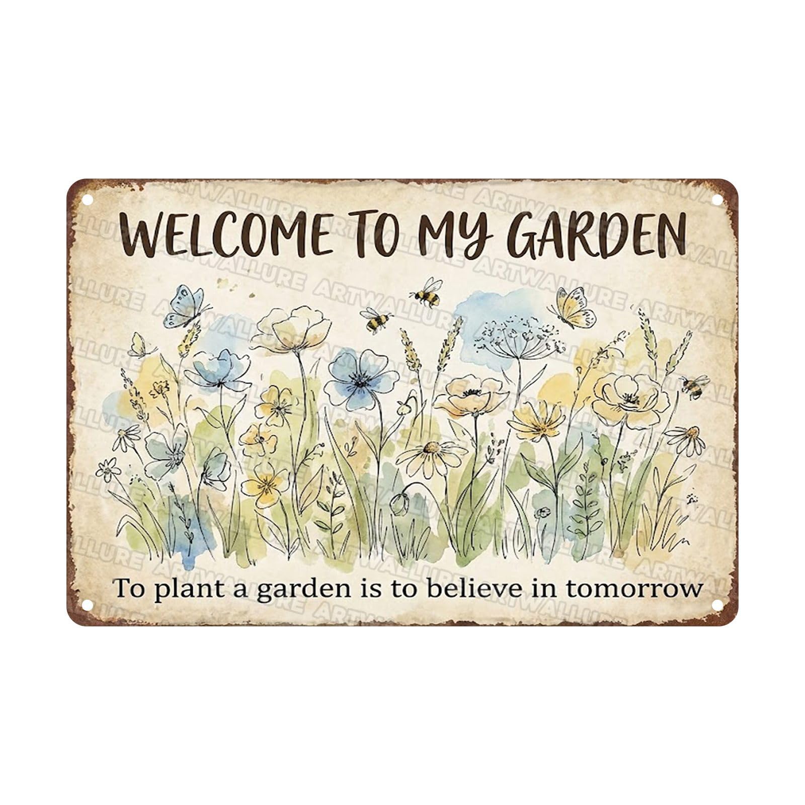 Watercolor Wildflower Garden Welcome Sign Soft Floral Metal Tin Butterfly Bee Wall Decor To Plant a Garden is to Believe in Tomorrow Botanical Art for Sunroom Balcony Nursery 8x12Inch