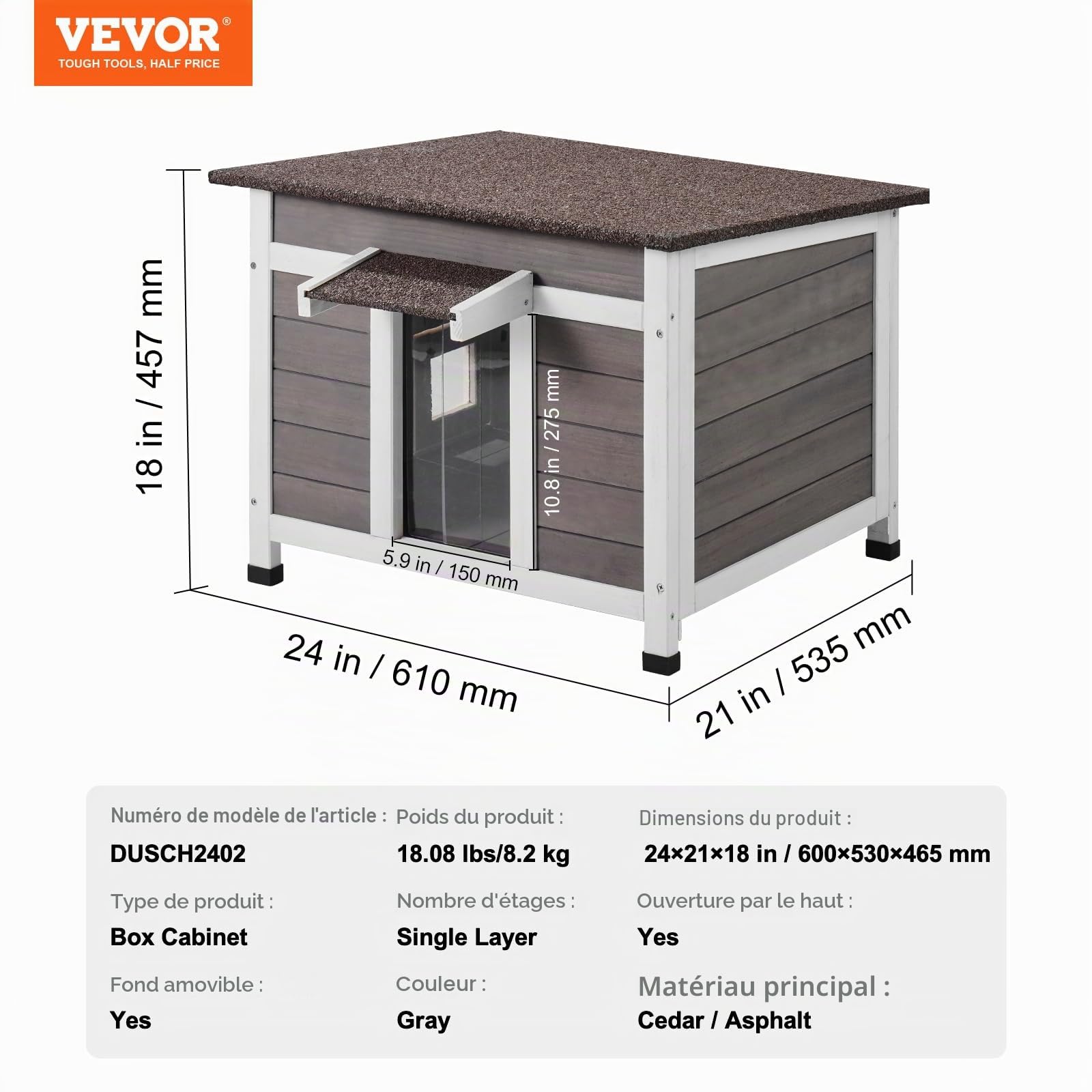 VEVOR Maison pour Chat d'Extérieur, 600x530x465 mm, Niche pour Chats en Bois, Résistante aux Intempéries, avec Fenêtre, Toit Ouvert, Porte à Rabat en PVC, Cabane Abri pour Plusieurs Chats Sauvages