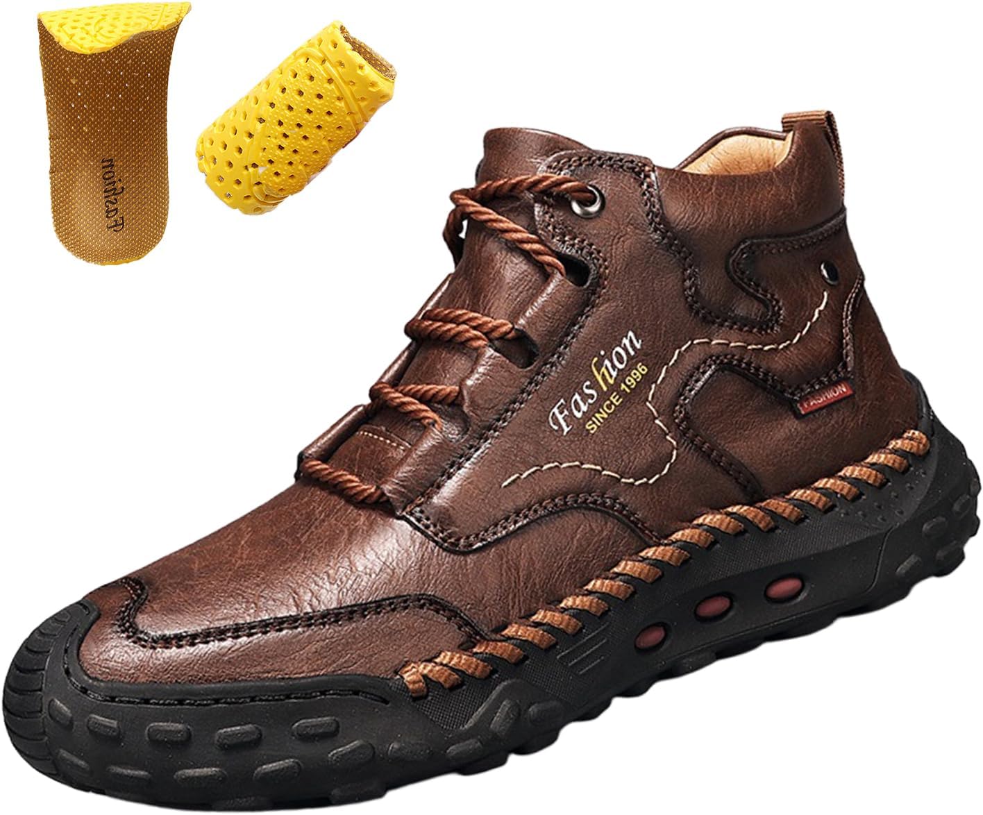 Men's Outdoor Hiking Chukka Boots,Lightweight Comfort Mid-calf Hand-stitched Leather Lace-up Non-slip Travel Casual Shoes