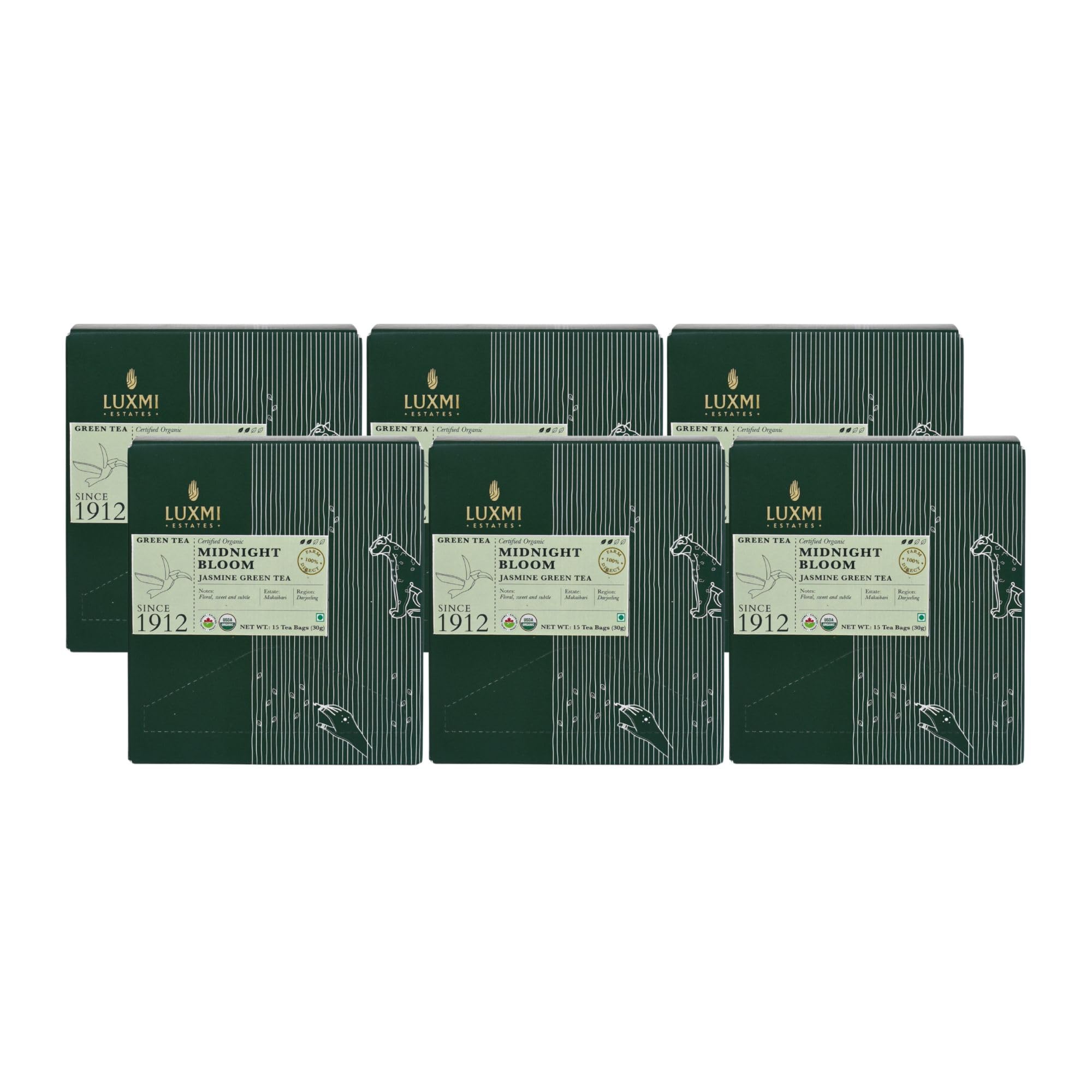 Luxmi Estates Midnight Bloom Organic Jasmine Tea (90 Tea Bags) Mildly Caffeinated Tea Bags For Relaxing, Calming, and Stress Relief, With Certified Organic Darjeeling Makaibari Green Tea Jasmine Green 90 Tea Bags