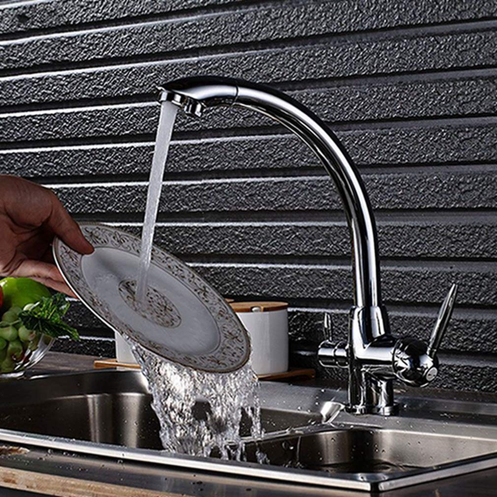 Robinet de cuisine 3 voies en laiton chrome avec double poignee et filtre eau potable intégré