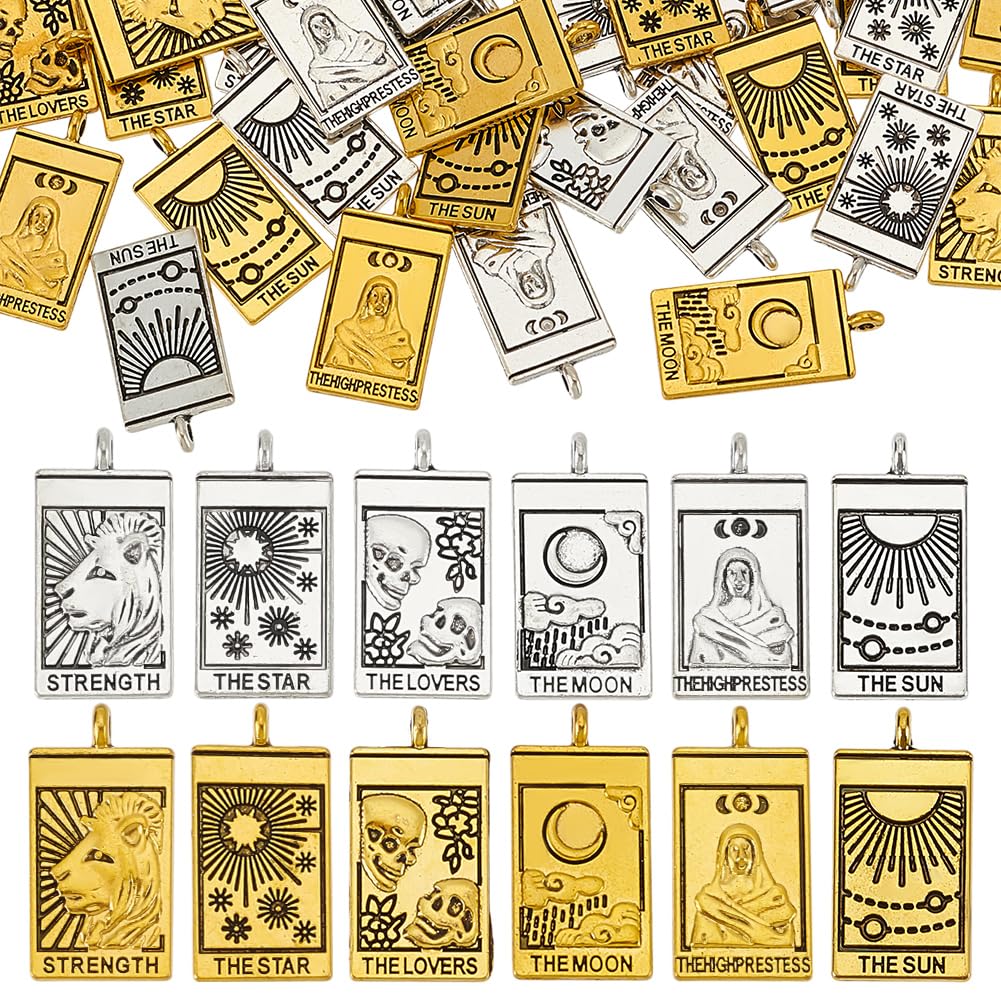 HOBBIESAY 60Pcs Metal Tarot Card Charms 26mm Golden Silver Sun Moon Tarot Card Pendants Rectangle Tarot Card Dangle Pendants Charms for Jewelry Making Hole: 2mm