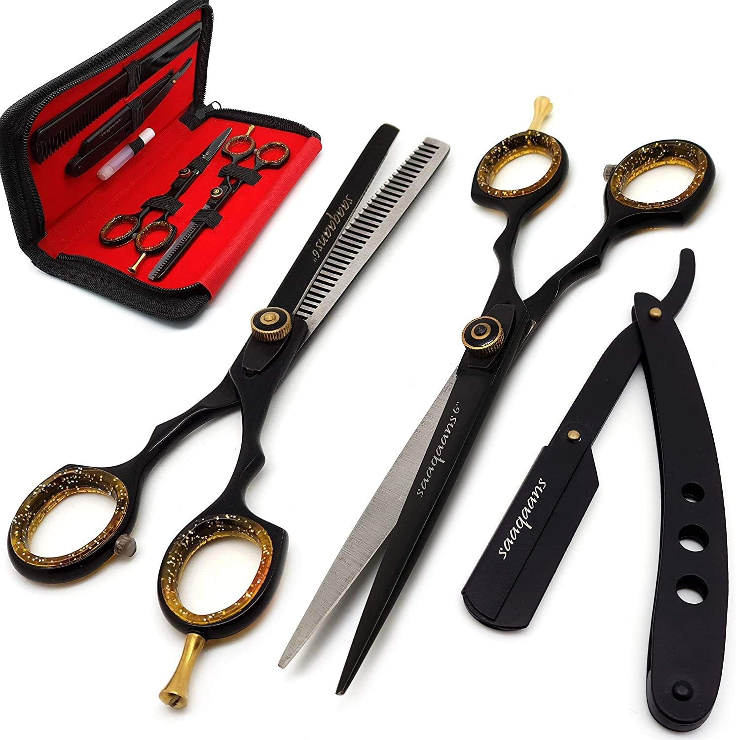 Saaqaans QSS-06 Professional Hair Cutting Scissors Set - Package includes Barber Hairdresser Scissor + Texture Thinning Shear + Straight Shaving Razor + 10 x Blades in Stylish Case/Pouch (Black)