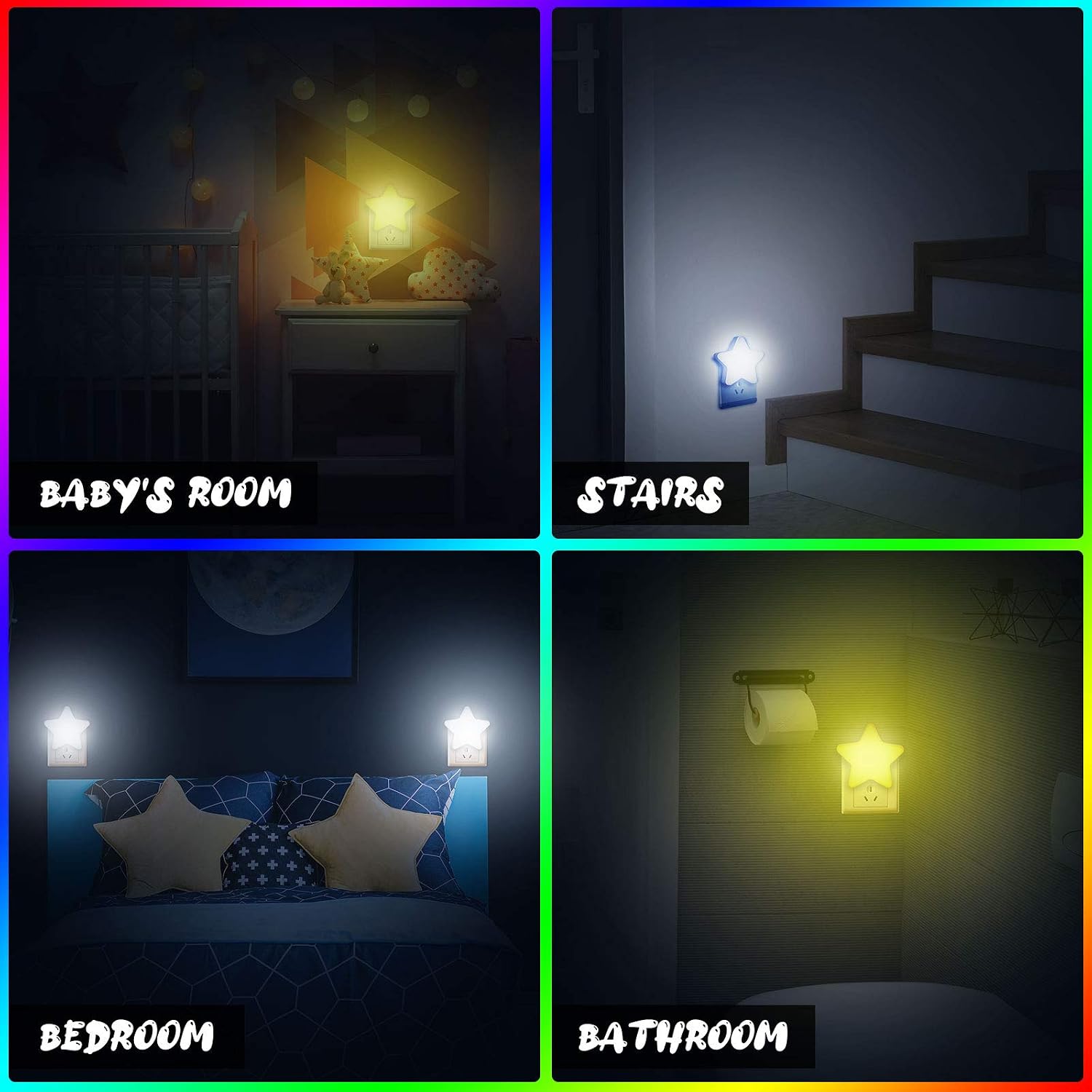 Mudder 4 Pcs Star Night Light Plug into Wall Soft LED Night Light Cute Wall Nursery Lamp Warm Sensor Plug-in Nightlight for Bedroom Hallway Baby Shower Birthday Wedding Gift(Star,Yellow, White)