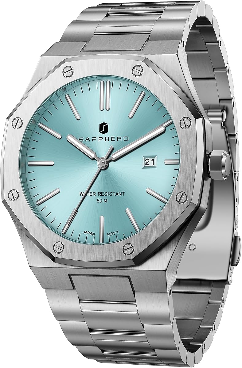 SAPPHERO Men's Watch Octagonal Stainless Steel 50M Waterproof Luminous Wristwatch Luxury Analog Quartz Watch for Men with Date Elegant Mens
