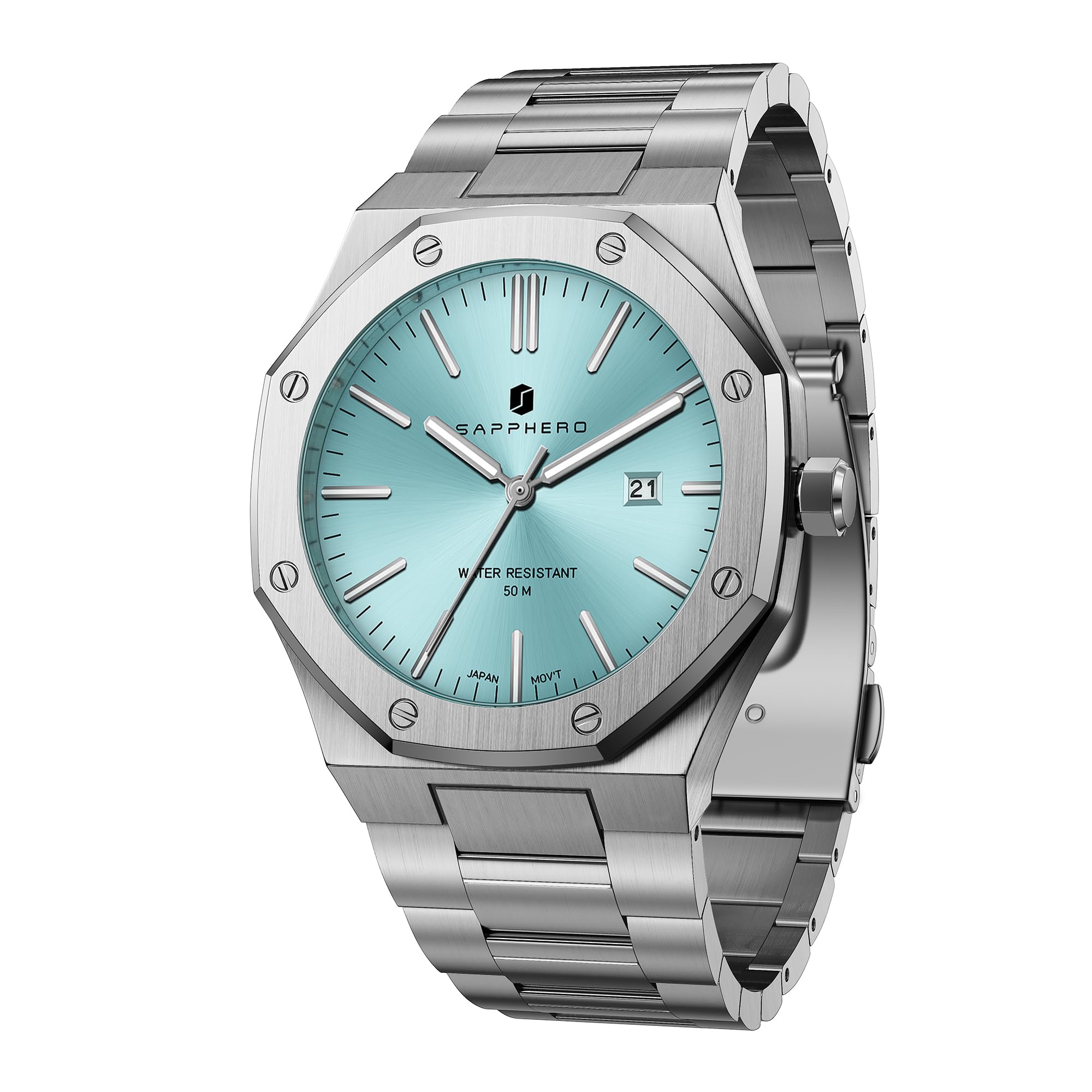 Men's Watch Octagonal Stainless Steel 50M Waterproof Luminous Wristwatch Luxury Analog Quartz Watch for Men with Date Elegant Mens