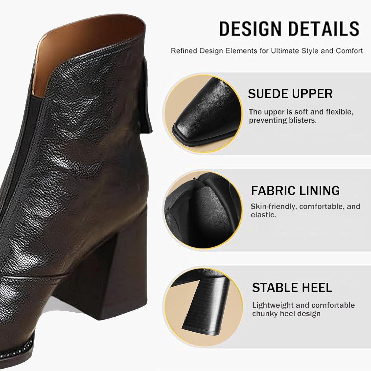 Women's V Cut Leather Chunky Heel Ankle Boots with Back Zipper Fashion Square Toe Comfortable Block Heel Short Booties Fall Winter Daily Casual Dress Boots