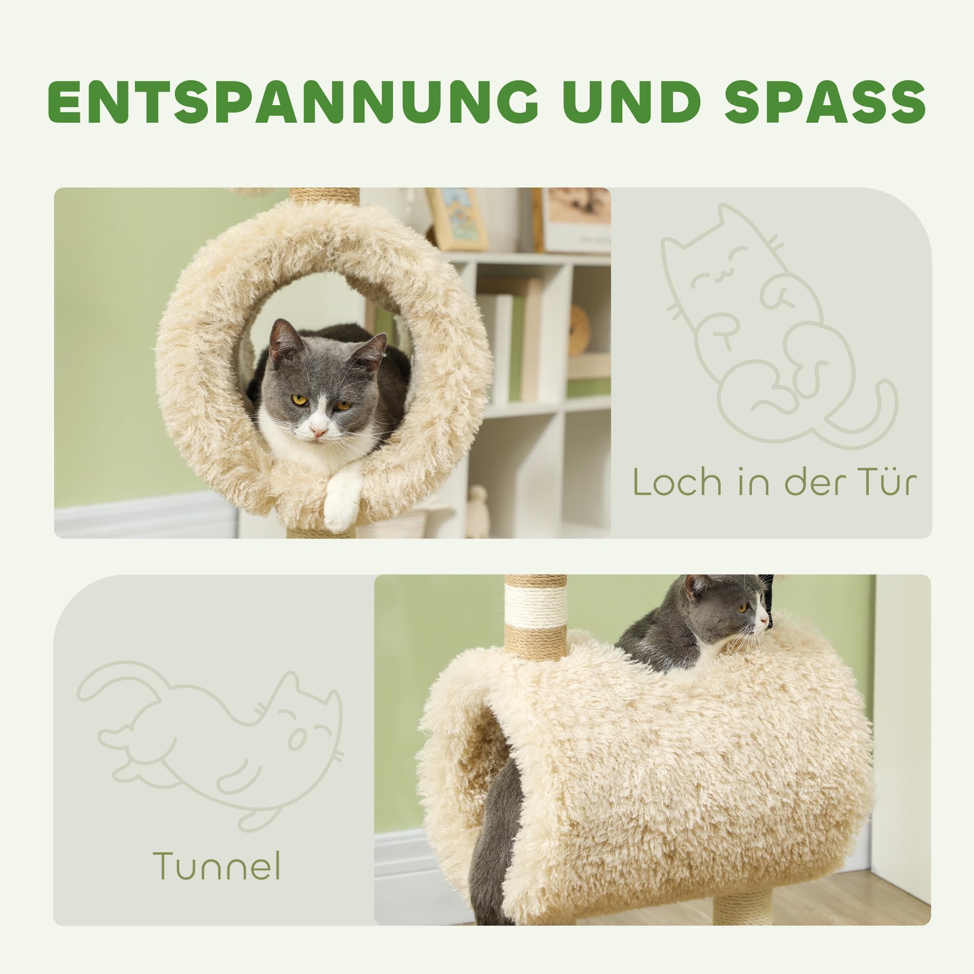 PawHut Kratzbaum Schaf-Design für Katzen bis 5 kg Tunnel 98 cm Hellbraun | Katzenturm, Kratzpfosten, Spielball, Mehrstöckiger Katzenkratzbaum, Kletterbaum