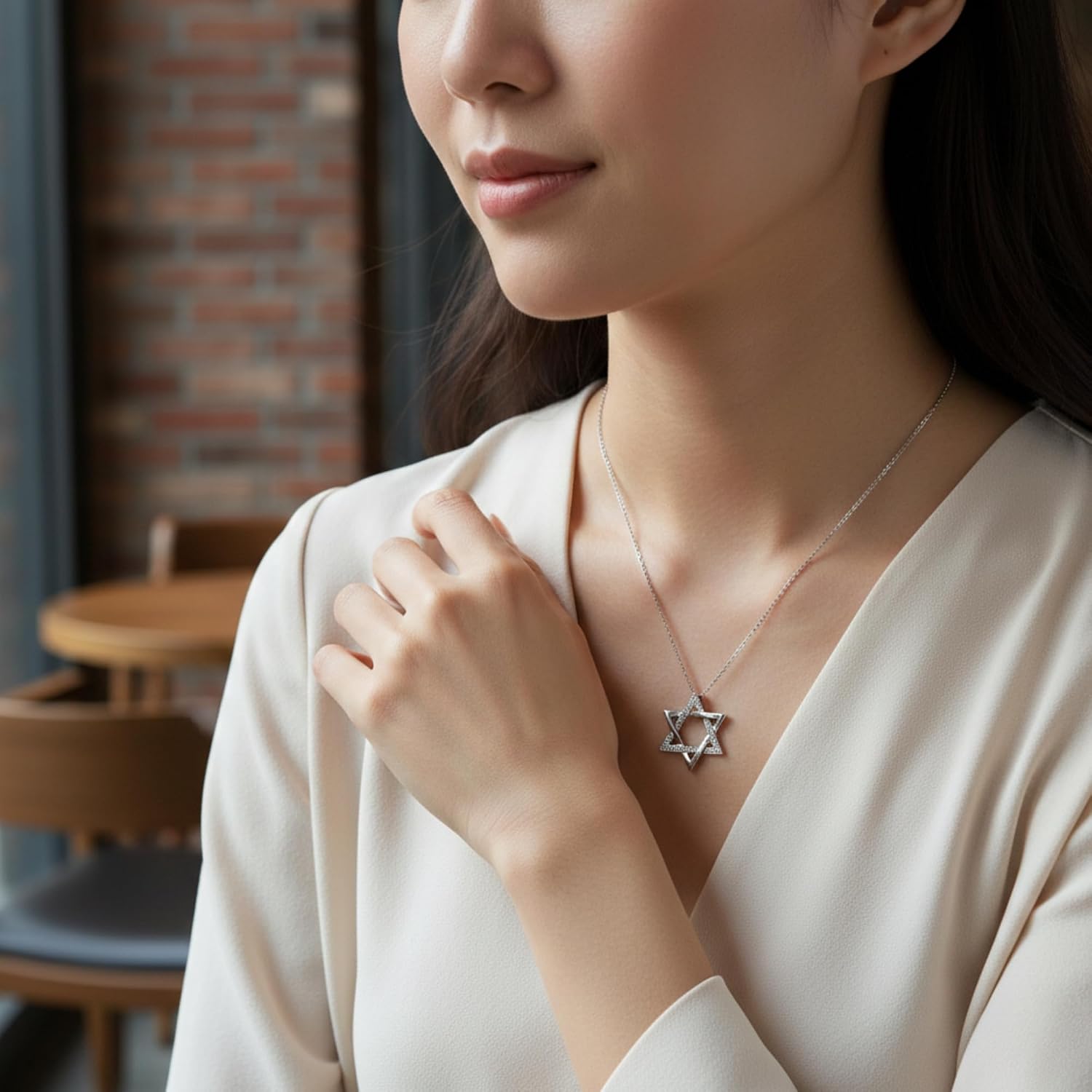 Star Of David Pendant, 0.10Ctw Natural Diamond Star Shape Pendant, 925 Sterling Silver, 18" Chain Necklace, Fashion Jewelry