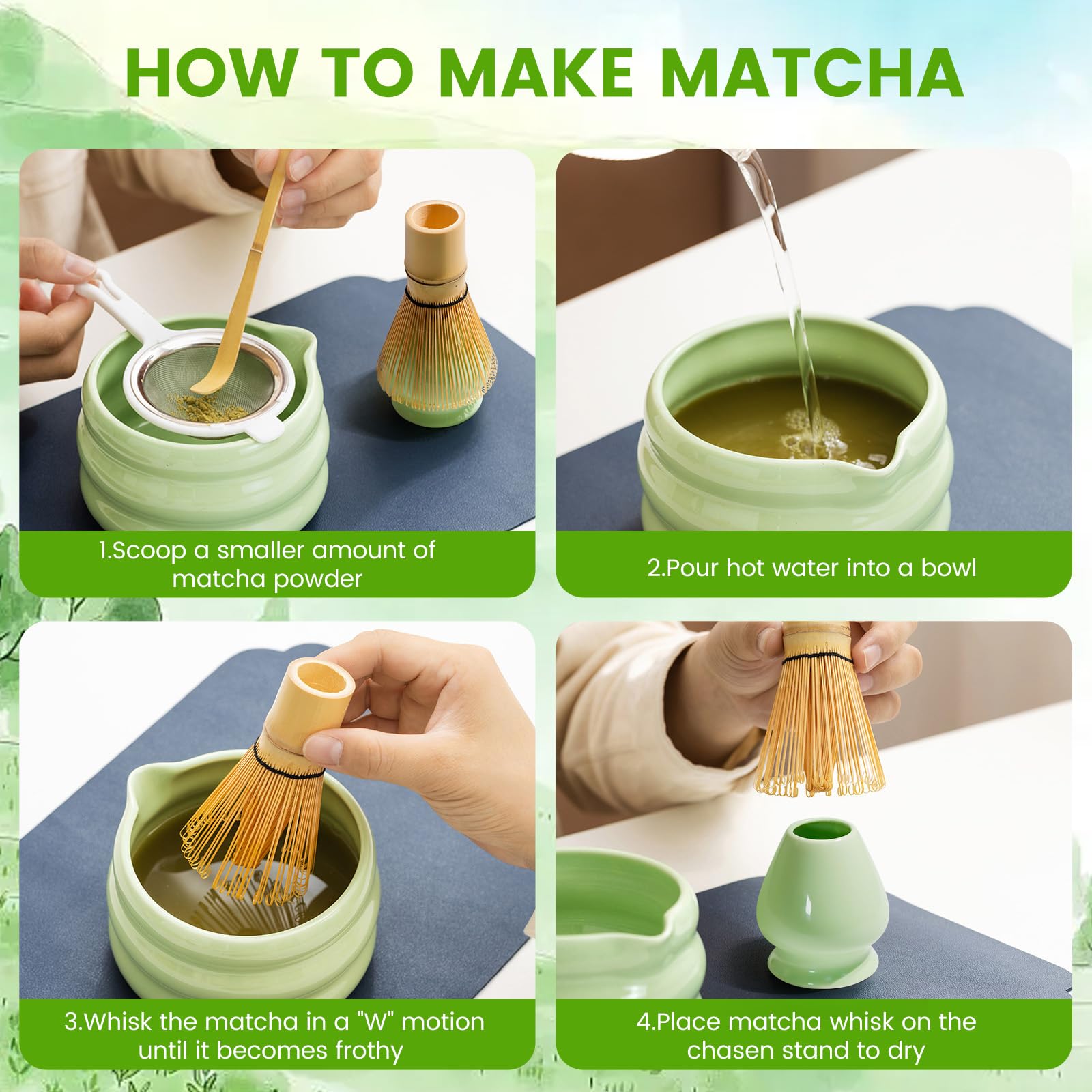 Kit da Cerimonia giapponese Matcha 4 Pezzi, Frusta Matcha Verde in Resinoso, Cucchiaio in Bambù, Paletta in Bambù, Porta Frullino, Matcha Set per la bevanda