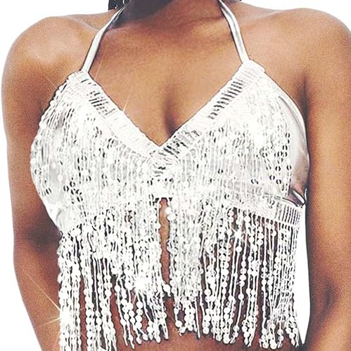Reetan Top corto con borlas de lentejuelas, brasier brillante para danza del vientre, para festival, rave, top halter para mujer