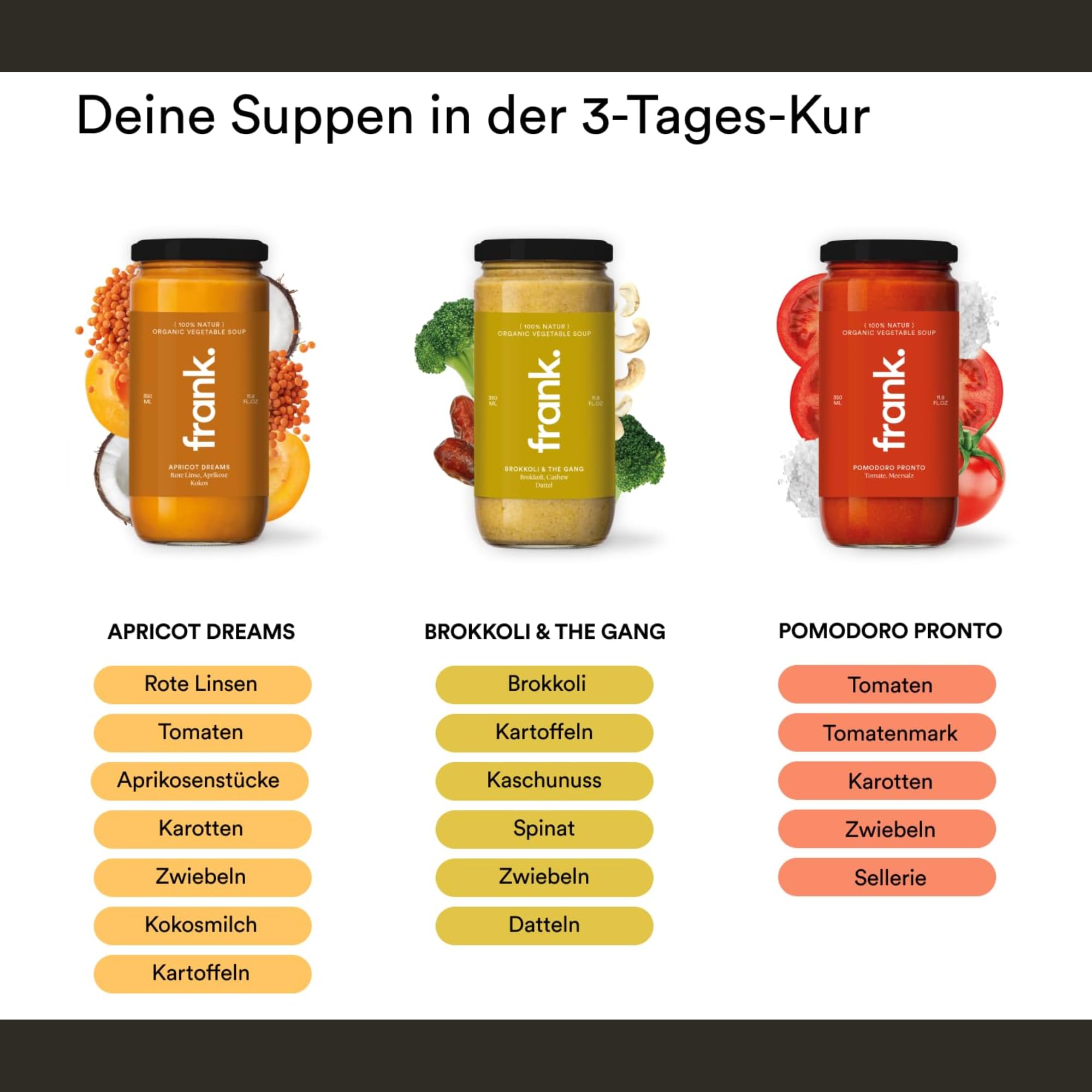Frank Juice 3 Tage Saftkur mit Suppe | 15 x 330ml Säfte + 3 x 350ml Bio Suppen + 3 x 60ml Bio Ingwer Shot | Direktsaft kaltgepresst Vegan | ideale Fastenkur aus frischem Obst & Gemüse