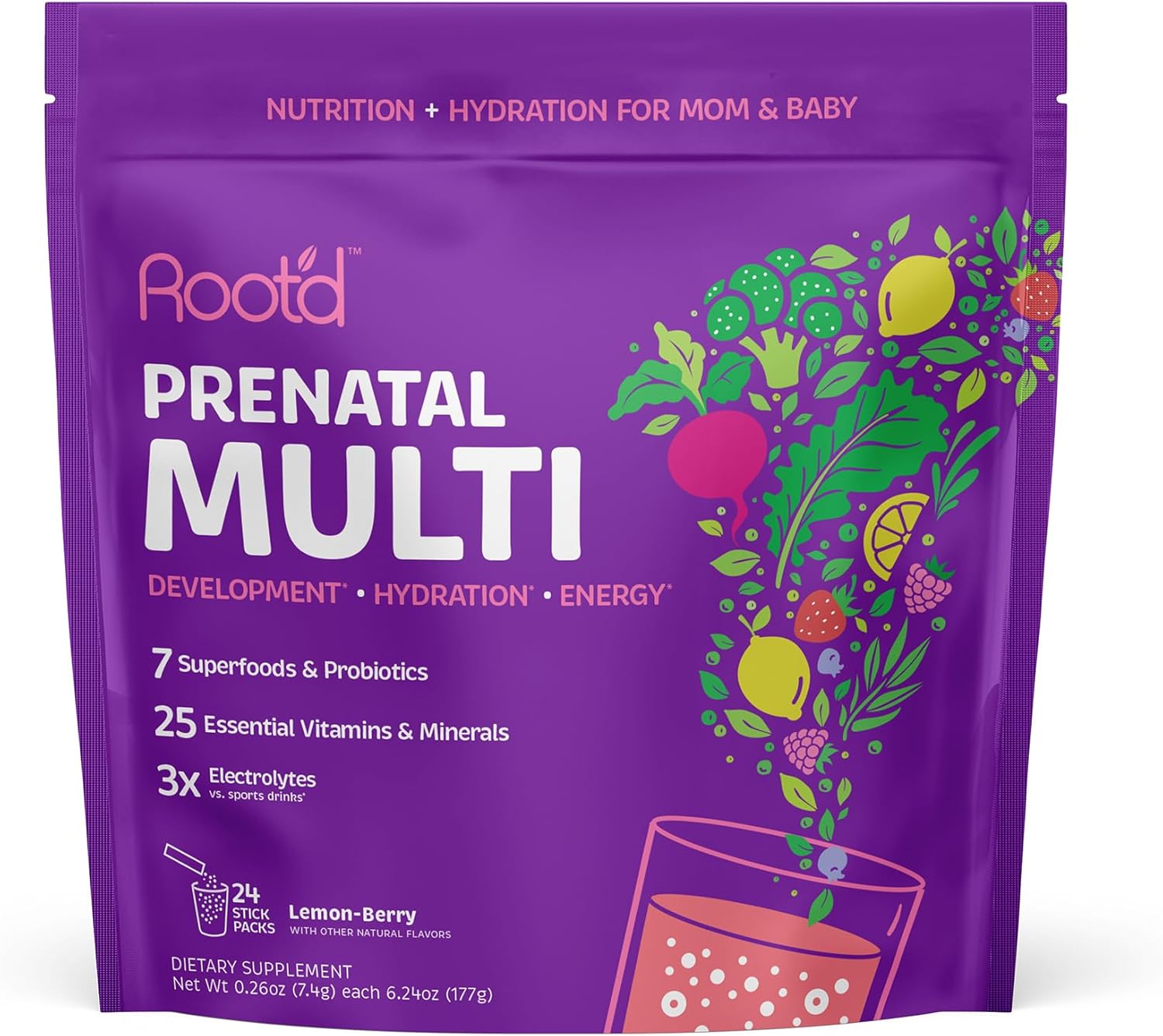 Root'd Prenatal Multivitamin Powder - 25 Vitamins & Minerals with 3X Electrolytes, Folate, Iron, D3 for Mom & Baby, 7 Superfoods & Probiotics, Sugar-Free Vitamins & Hydration | 24 Packets
