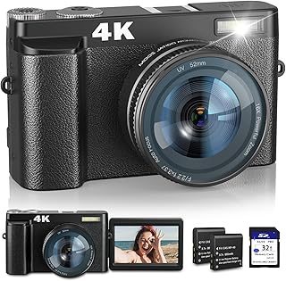 4K Digital Camera with Flash & Selfie, 48MP Camera for Photography with Autofocus 16X Zoom, Anti-Shake Vlogging Camera Compact Travel Digital Cameras with Flip Screen, 32 GB SD Card, Two Batteries