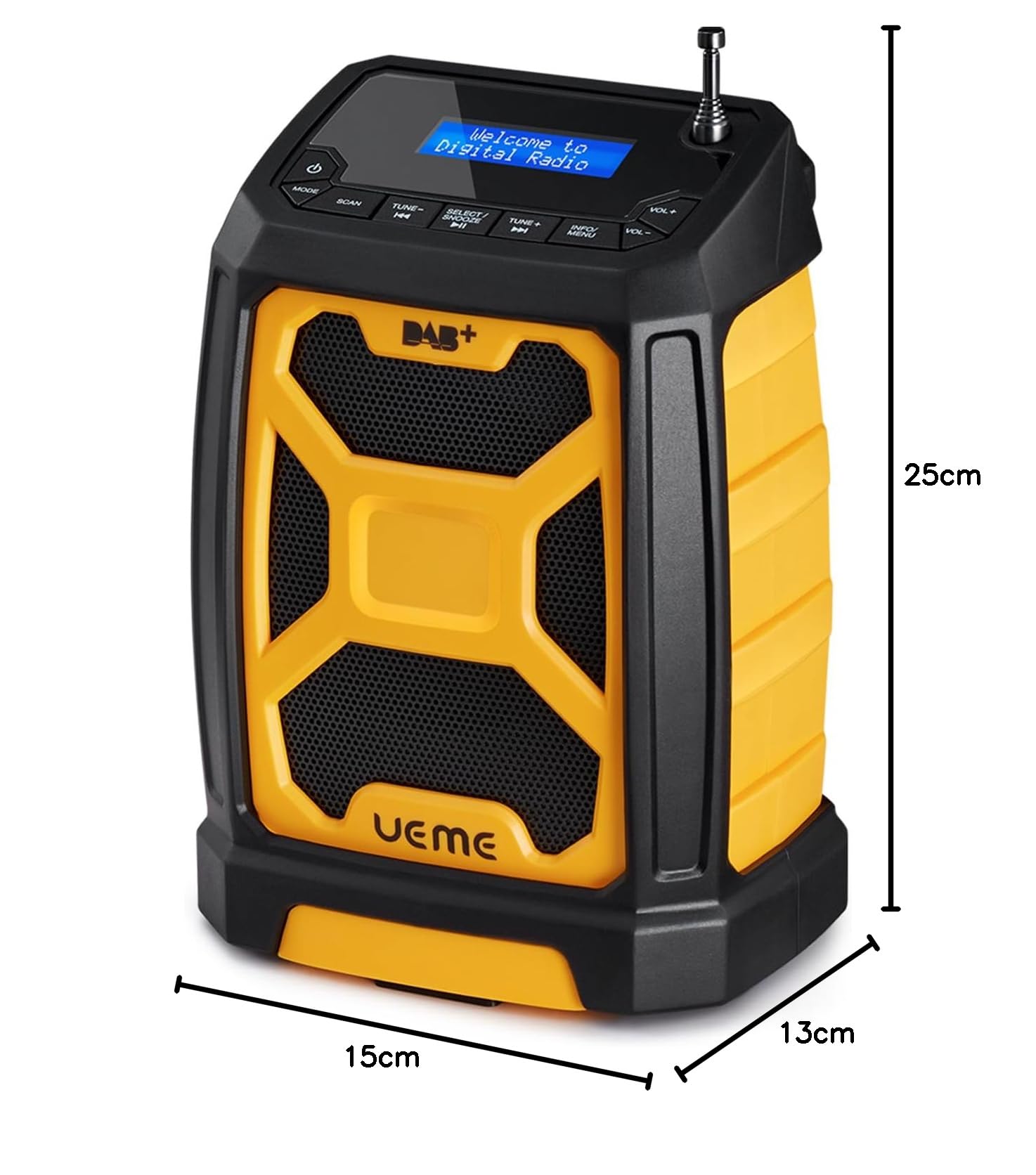 Baustellenradio Mit Akku Aufladbar (6000mAh), Tragbares DAB+/FM Radio, Bluetooth Lautsprecher & Dual Radiowecker,Starkem Empfang, Staubbeständig/Stoßfest für Baustelle/Camping/Garten (Gelb)