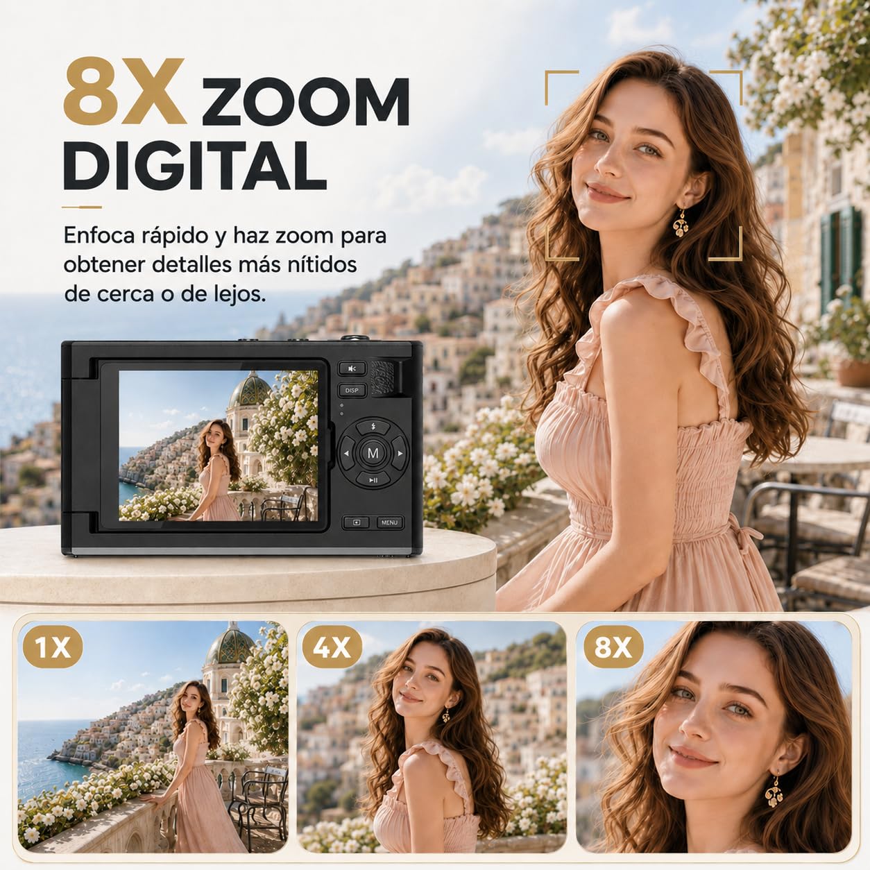 Cámara Digital 5K Selfies Pantalla 180° con Espejo para Principiante Negro