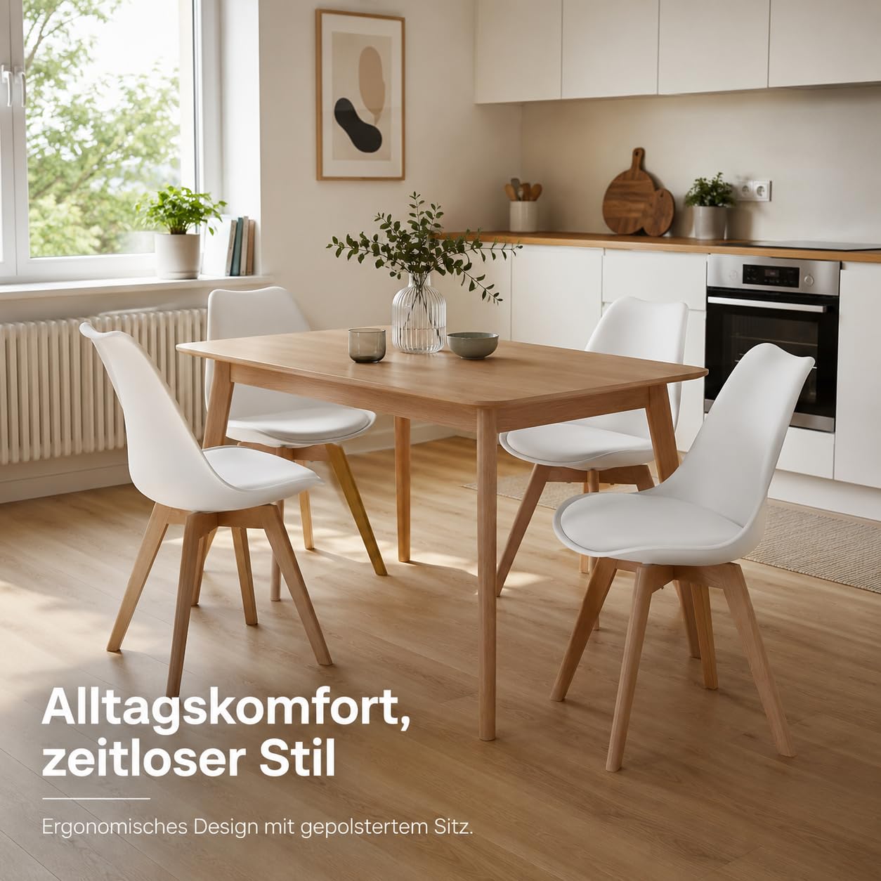 EGGREE 2er Set Esszimmerstühle mit Massivholz Buche Bein SGS Geprüfter, Retro Design Gepolsterter Stuhl Küchenstuhl Holz, Weiß