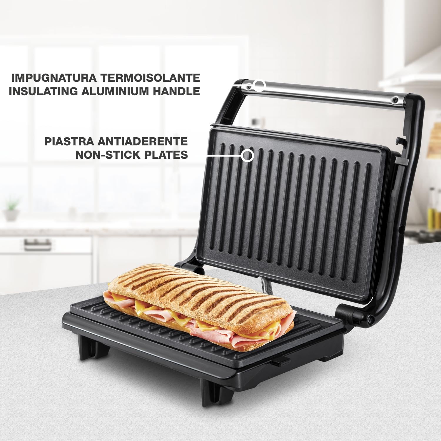 BEPER P101TOS003 Parrilla Eléctrica Compacta, Placa Antiadherente, Tostadora, Sándwiches, Carne, Verduras - Placas Autoajustables, Mango Termoaislante y Recogedor de Cable Integrado