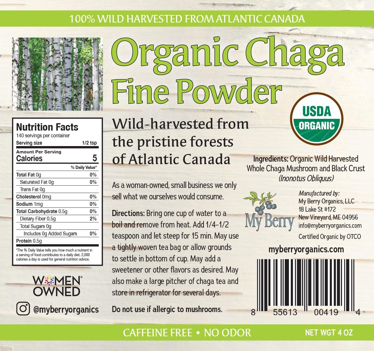 Organic Chaga Tea Fine Mushroom Powder by My Berry |100% Wild-Harvested from Atlantic Canada | 4oz | Herbal Tea | Raw Loose Powder | Additive-Free & Caffeine-Free