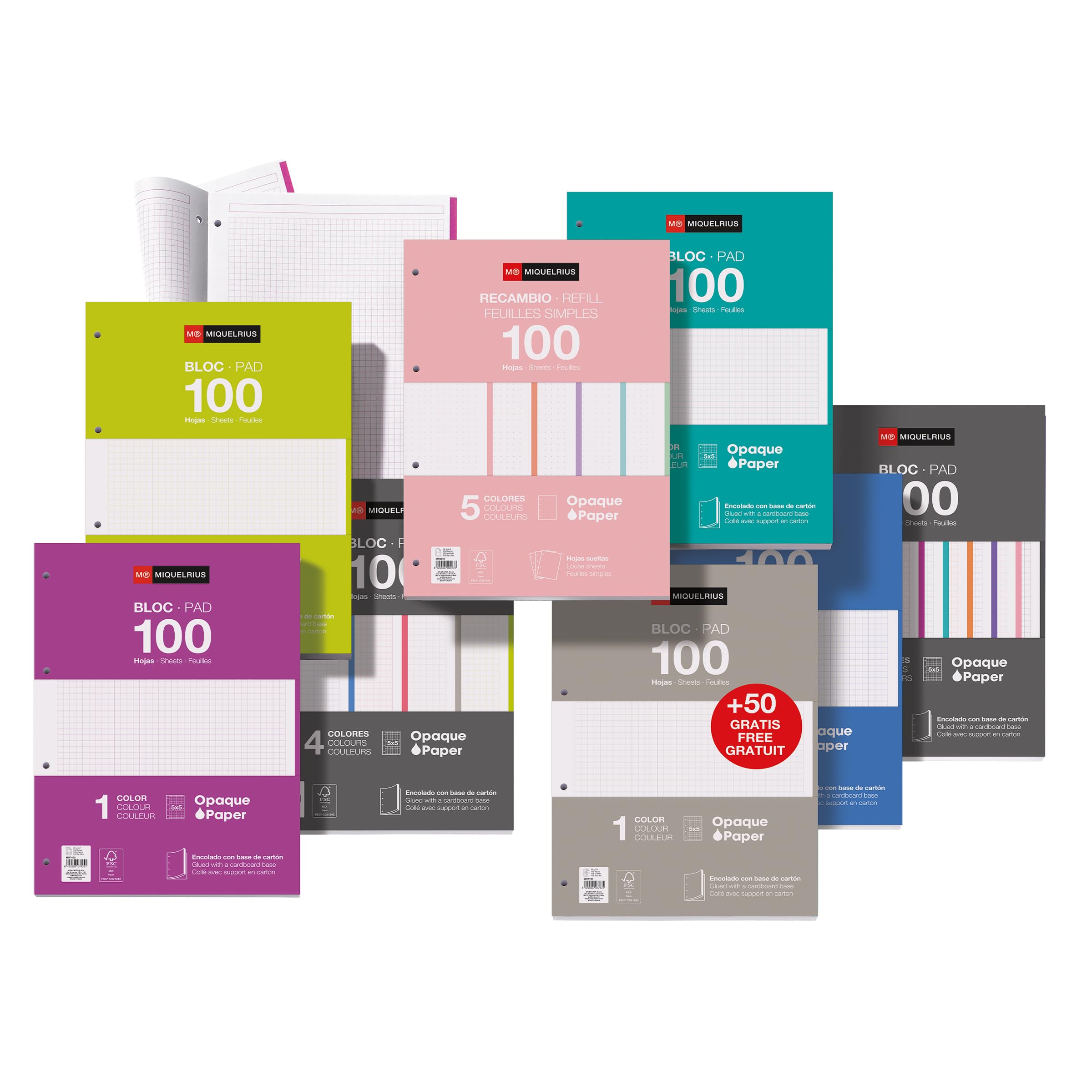 Miquelrius Blok uzupełniający, 200 luźnych kartek w kropki, nieprzezroczysty papier 90 g/m², arkusze uzupełniające A4, perforowane arkusze do segregatorów lub segregatorów, przybory szkolne, 5 kolorów