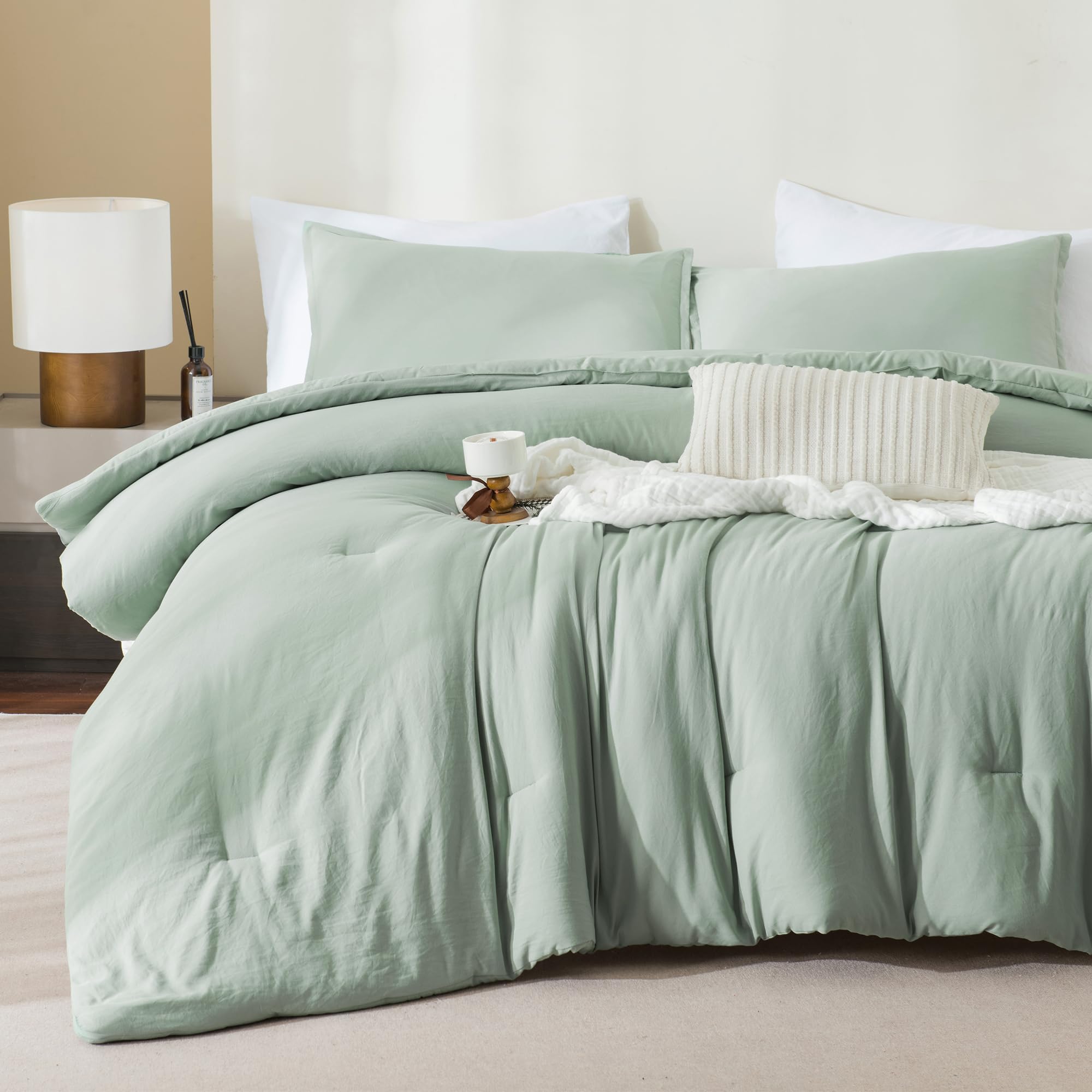 AndencySage Green Full Size Comforter Sets - 7 Pieces Bed in a Bag Full Beddding Comforter Sets, Summer Solid Soft Lightweight Comforter with Fitted Sheets, Flat Sheets, Pillowcases & Shams