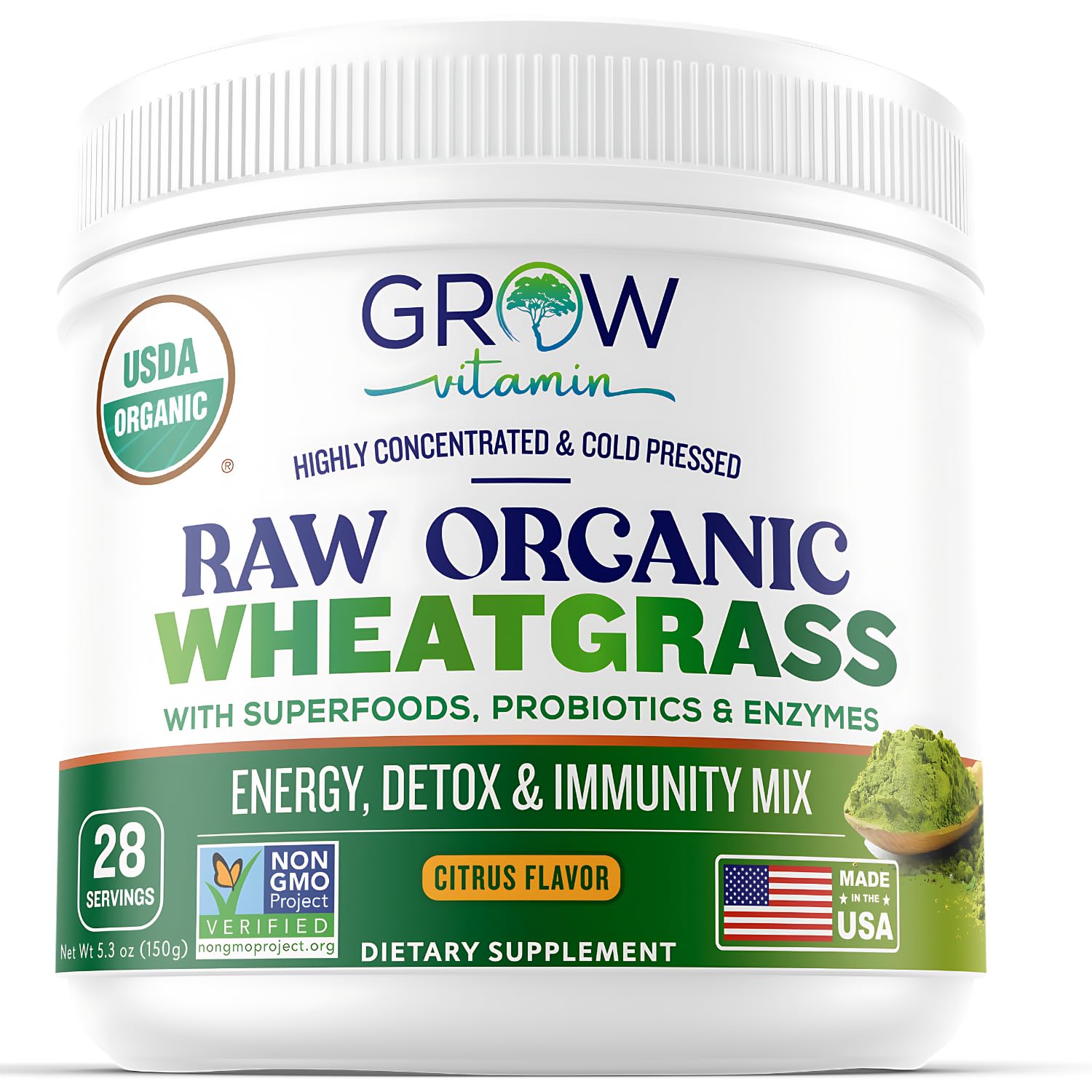 Organic Raw Wheatgrass Juice Powder - USDA Certified Organic Wheatgrass Powder w/Chlorophyll, Trace Minerals & Natural Enzymes - Ultra-Concentrated - Citrus Flavor - (28 Servings)
