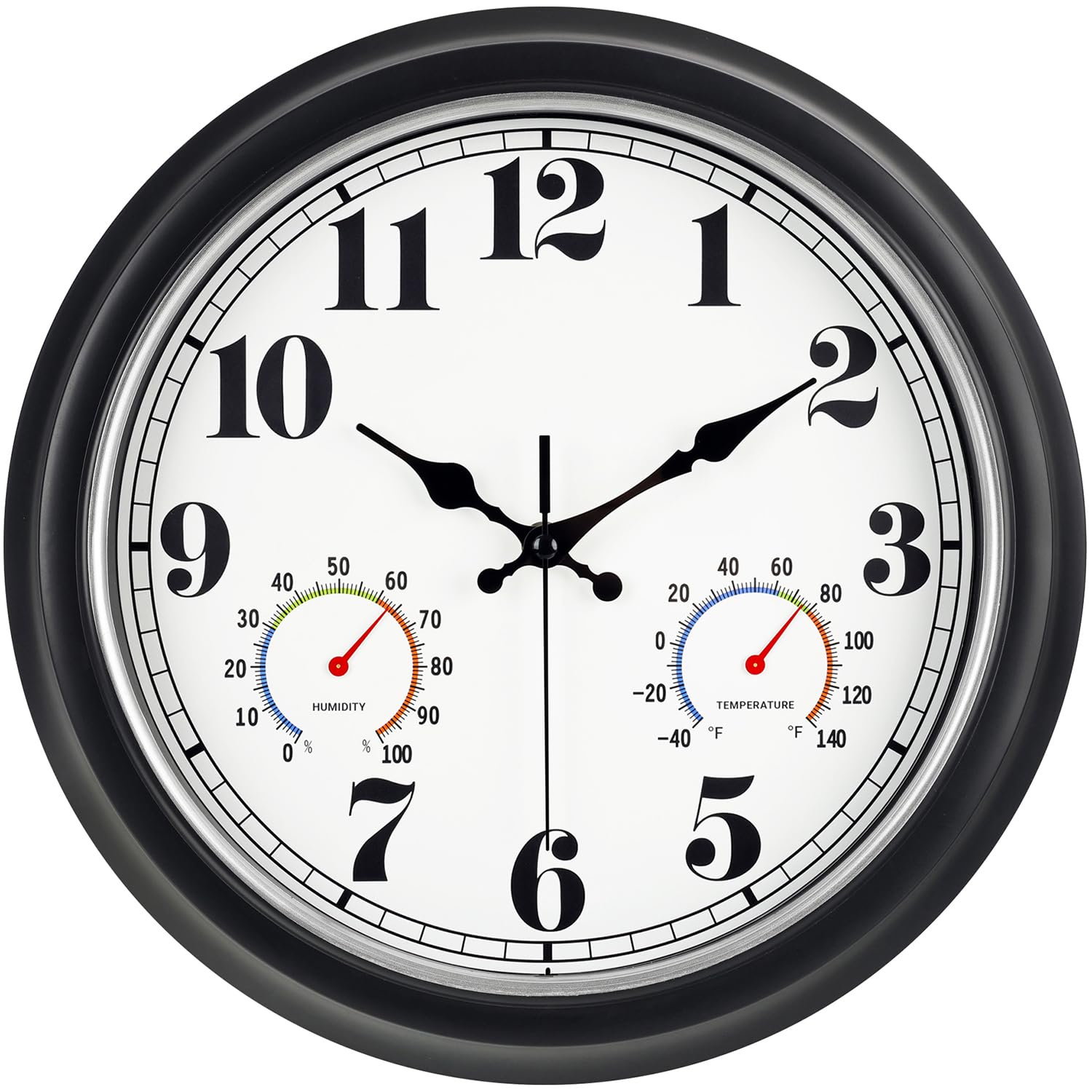 45MinST 13-Inch Vintage Outdoor Wall Clock with Thermometer and Hygrometer, Waterproof, Large Numbers, Silent, for Indoor and Outside Use,Porch,Garden,Pool(Black Frame with Silver Trim)