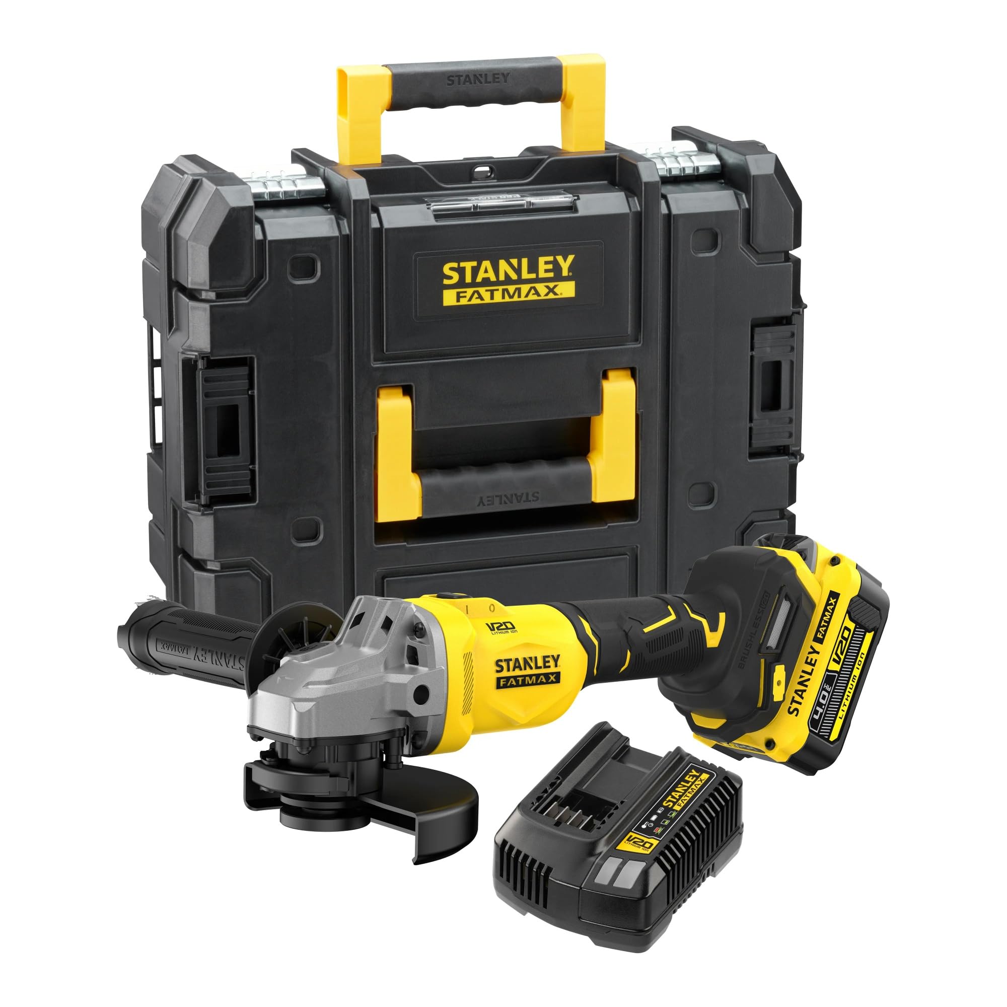 STANLEY FATMAX V20, smerigliatrice angolare Brushless da 125 mm, include batteria agli ioni di litio da 4,0 Ah, caricatore da 2 A e custodia PRO-STACK, 18 V, SFMCG710M1T-QW