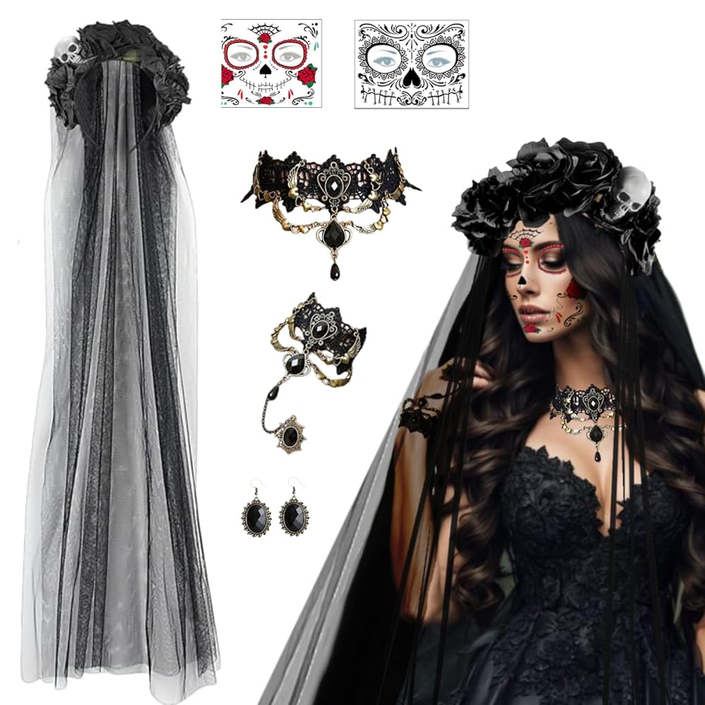 Costume Halloween Donna Con Cerchietto Velo E Guanti Pizzo - Set Gotico Elegante - Foto 12