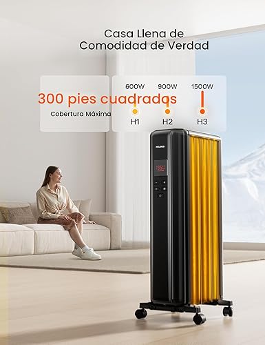Miniatura 3 de PELONIS Calentador de radiador lleno de aceite para uso en interiores, habitación grande con control remoto, calentador eléctrico con termostato,