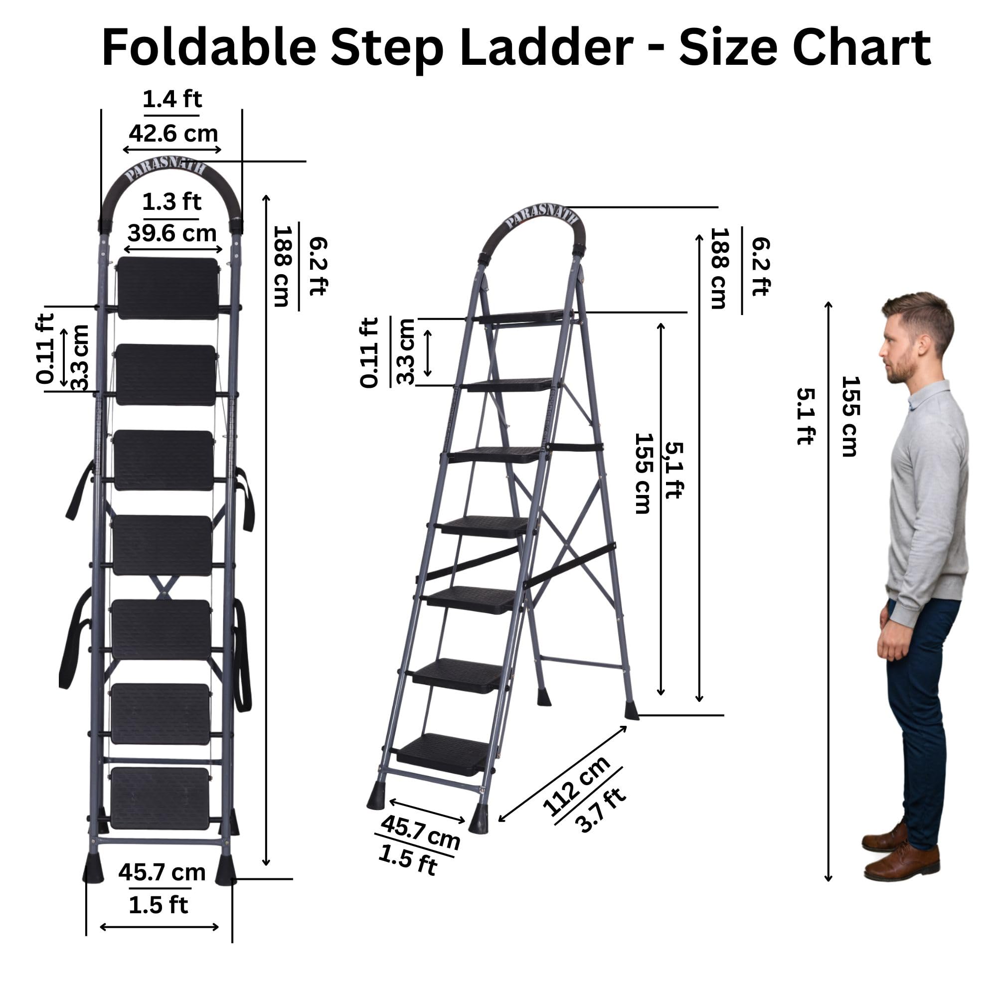 Parasnath 7-Step GoUp Steel Ladder Grey | Foldable Lightweight Step Ladder with Anti-Skid Plastic Steps | Durable and Safe | 6-Year Manufacturer Warranty | Made in India — Amazon image 4