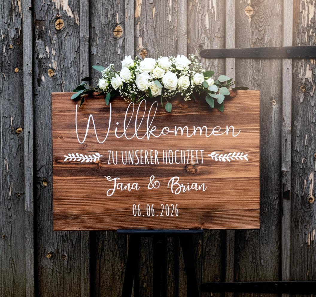 Willkommensschild Hochzeit aus Holz, Hochzeitsschild personalisiert mit Namen, Holzschild Hochzeit