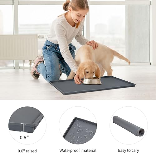Miniatura 85 de Tapete de comida para perros, bandeja de comida impermeable de silicona, mantel individual antideslizante para mascotas, borde elevado de 0.6