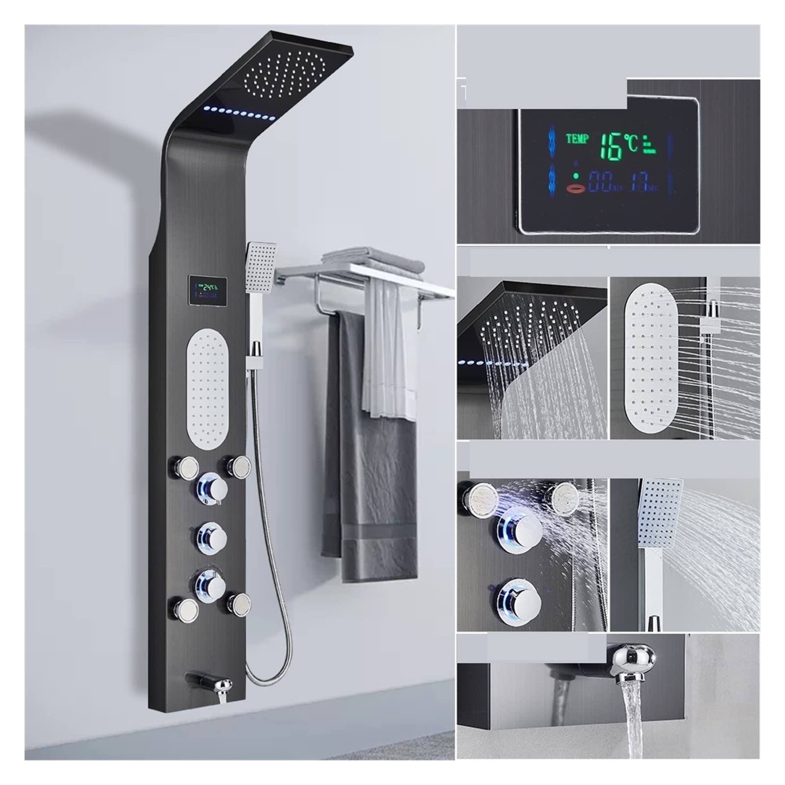 CVFRDD Black LED Light Shower Faucet Bathroom SPA Massage Jet Shower Column System Waterfall Rain Shower Panel Bidet Sprayer Tap(8025 Black C)