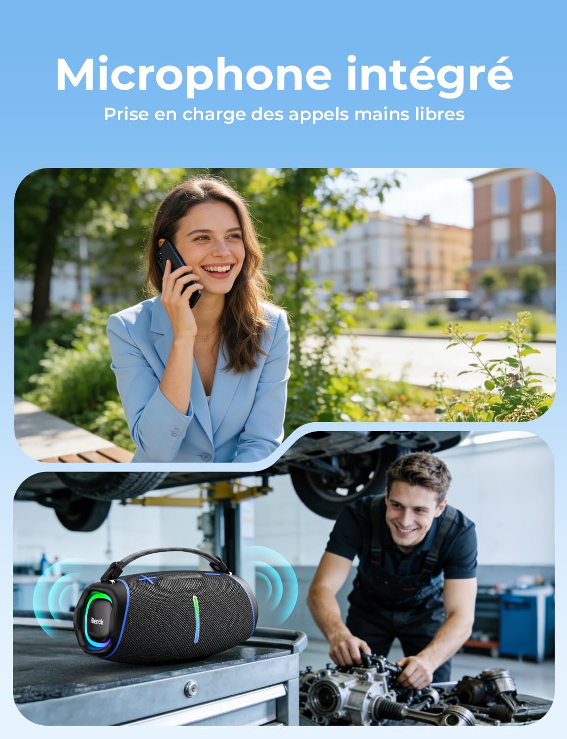RIENOK Enceinte Bluetooth, 100 W Enceinte Puissante, 2 Tweeters et 2 Woofers, 5200 mAh Haut Parleur Bluetooth 5.3, 30H, IPX6, 128Go, Port Clé USB, AUX et TF Carte, pour Fêtes Soirées Voyage Extérieur