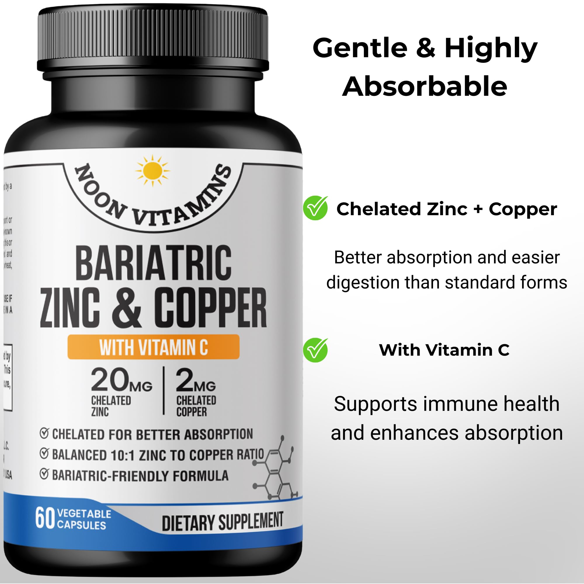 Bariatric Zinc 20mg with Copper 2mg (10:1 Ratio) + Vitamin C – Balanced Bariatric Formula – TRAACS Chelated Zinc Glycinate – Gentle on Stomach – 60 Capsules – Men & Women – Halal — Amazon image 3