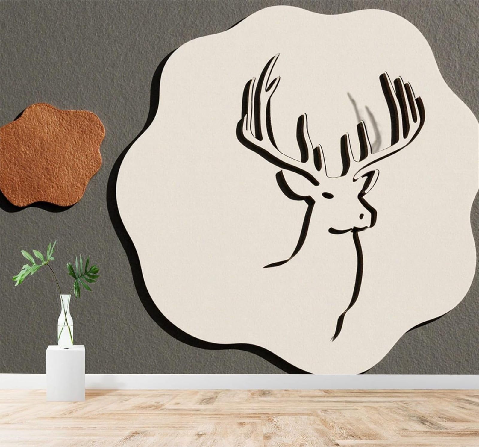 XLMING Minimalist Deer Head Lines Art Abstract Shapes 3D Wallpaper Silky Texture Home Study Office Grey Dining Room Sofa Bedroom Living Room TV Backdrop-200cm×140cm