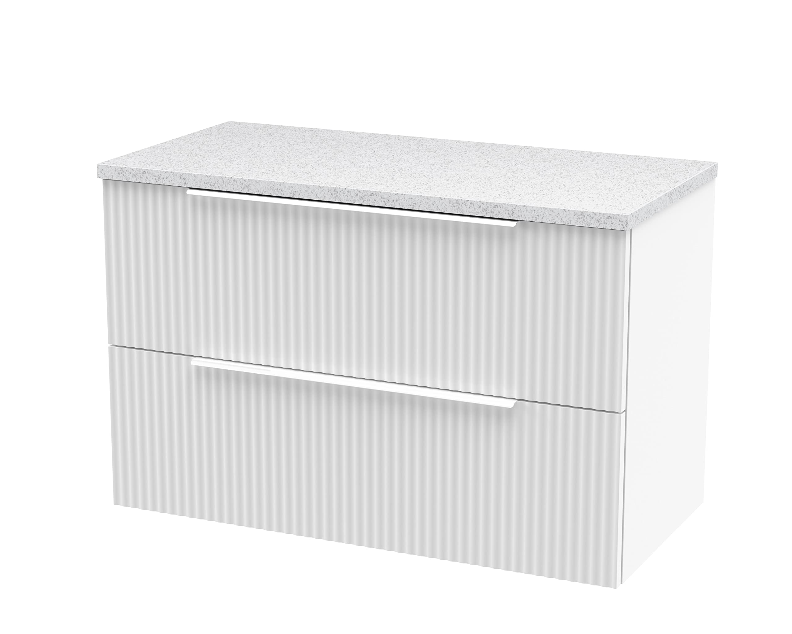 Hudson Reed DFF195LSW Fluted Modern Bathroom Wall Hung 2 Drawer Vanity Unit with Sparkle White Laminate Worktop, 800mm, Satin White