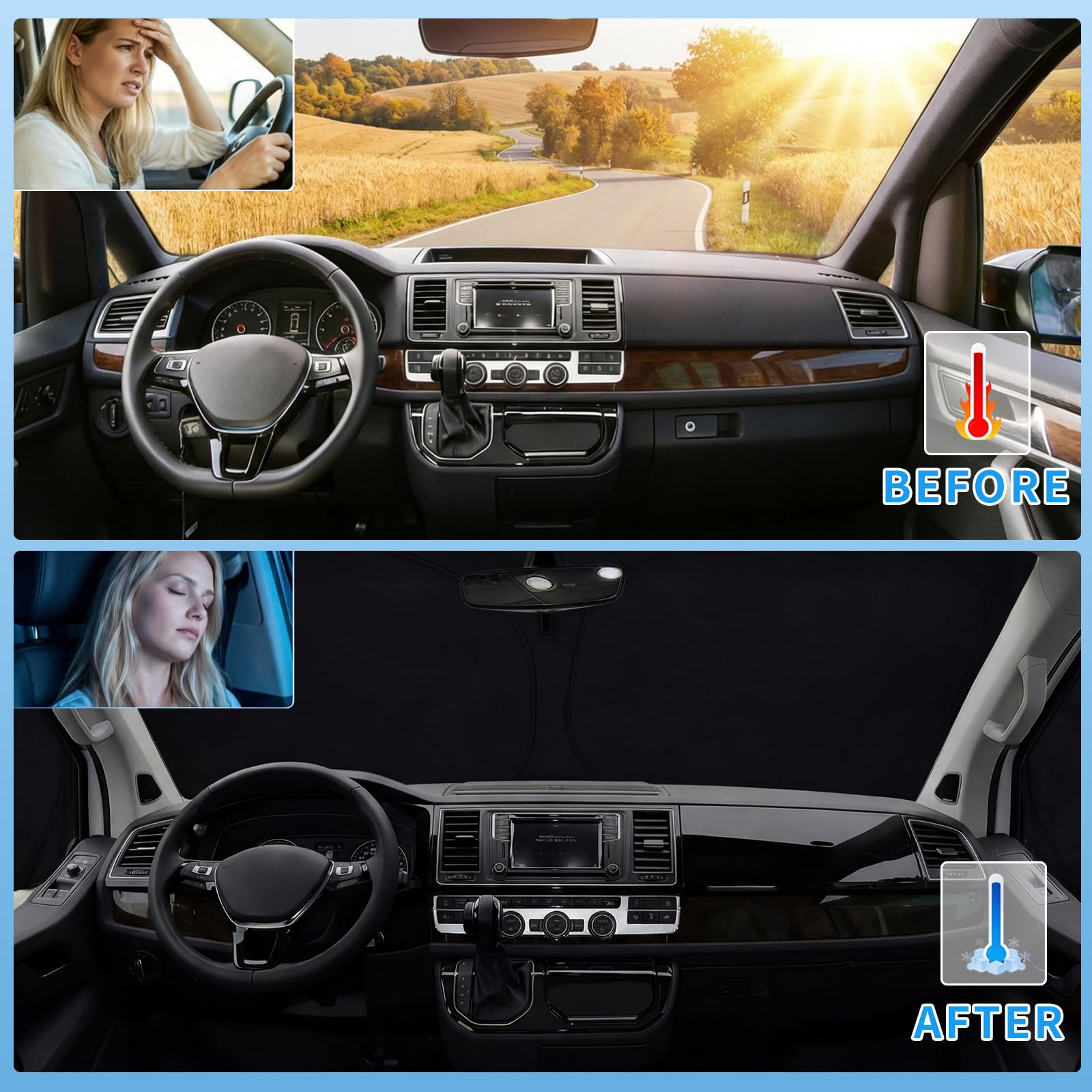 XCBYT Sonnenschutz Auto für VW T5 T6 Frontscheibe & Seitenscheibe - 3er | Perfekte Passform, 6-lagiger Stoff, Windschutzscheibe Verdunkelung, Schützt Privatsphäre, Innen Faltbare