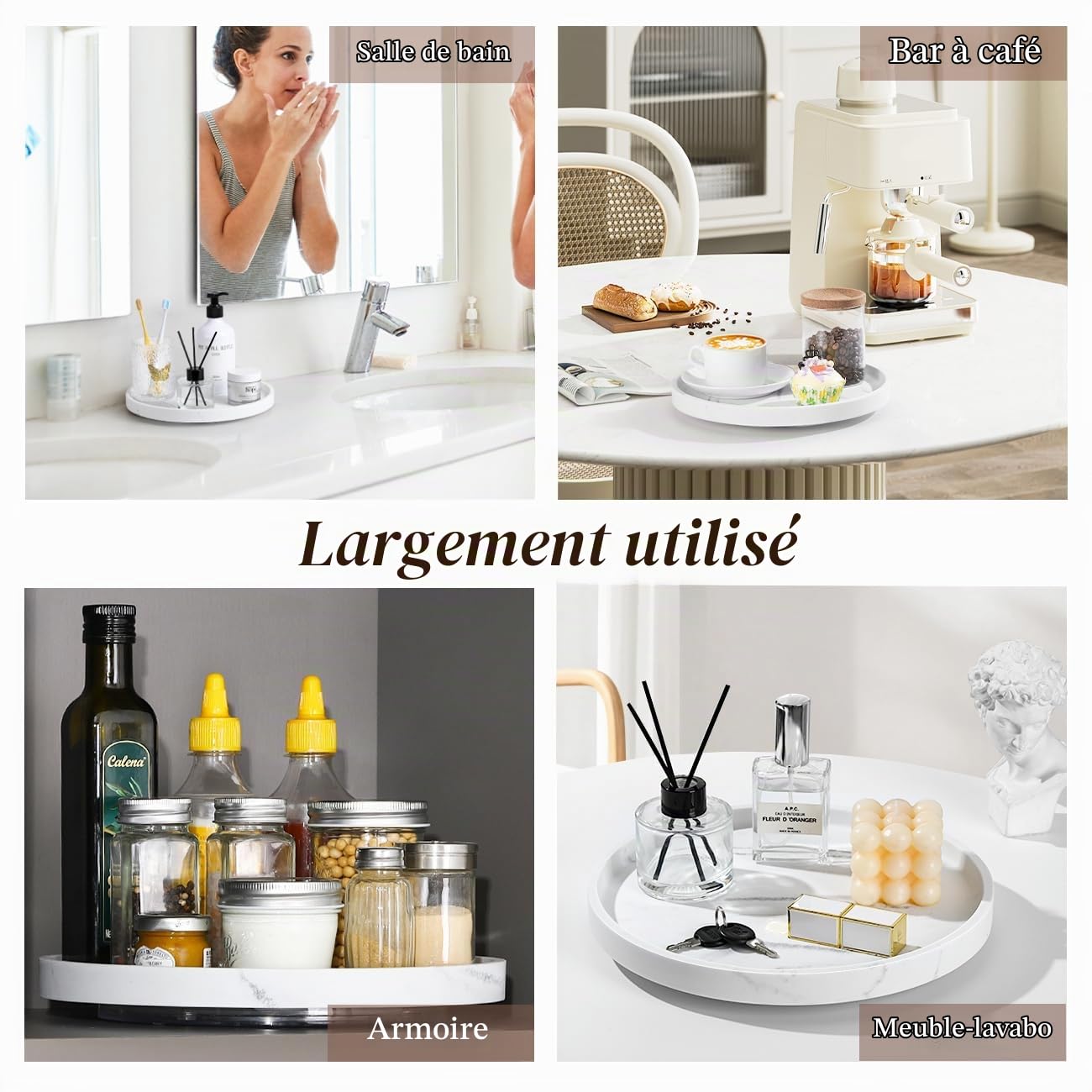 Luxspire Lazy Susan Organiseur de Salle de Bain Rotatif à 360° Diamètre 27 cm en résine pour Armoire Salle à Manger, Table, étagère à épices rotative pour Bouteilles cosmétiques, Gravier Blanc
