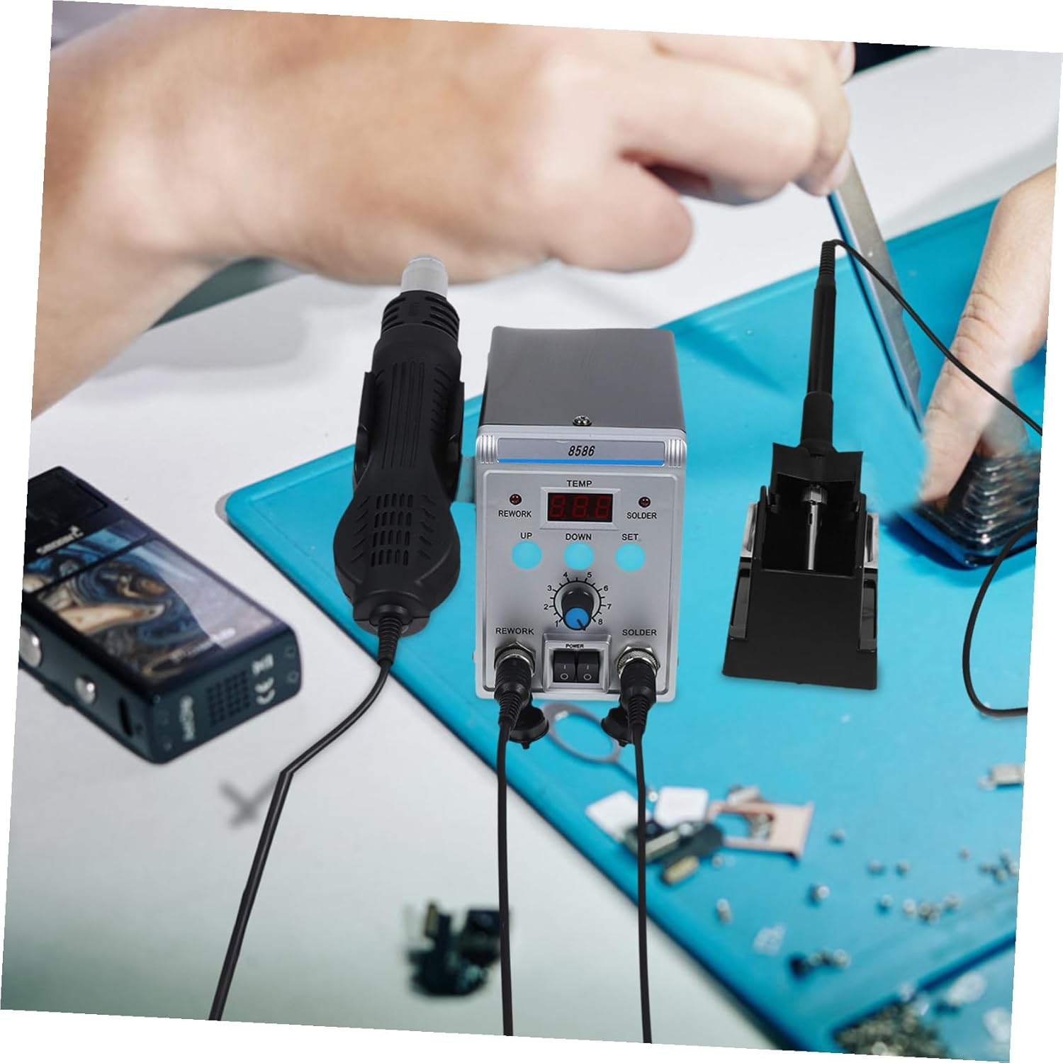 Digital Display Hot Air and Soldering Station with Bent Tip Tweezer and Solder Sucker Temperature Control for Precise Electronics Repair and DIY Maintenance Acv Compatible