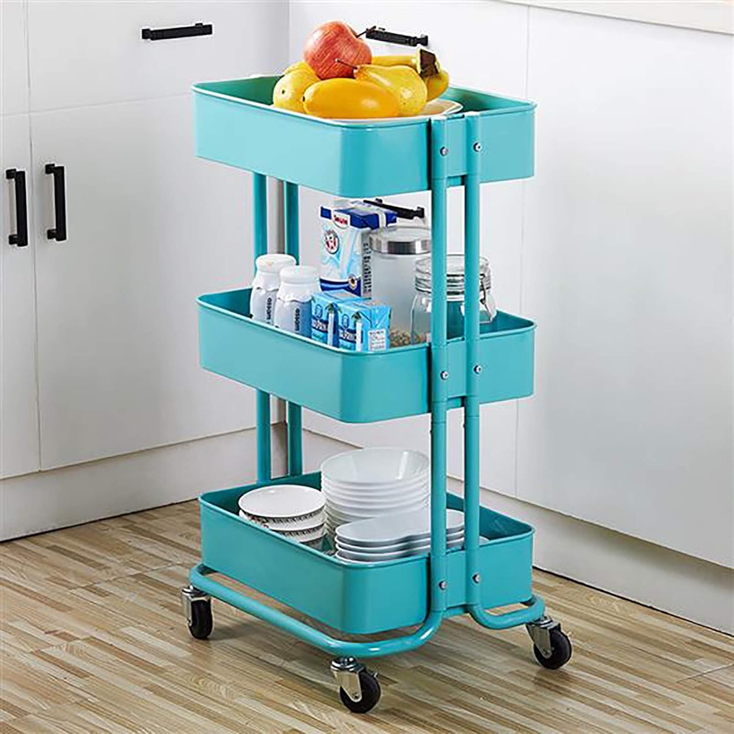 Bar&Serving Cart,3-Tier Home Kitchen Storage Utility Cart-Turquoise Kitchen Island Cart
