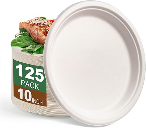 AIRE 125 platos de papel desechables compostables de 10 pulgadas, platos de caña de azúcar naturales biodegradables y ecológicos para comidas