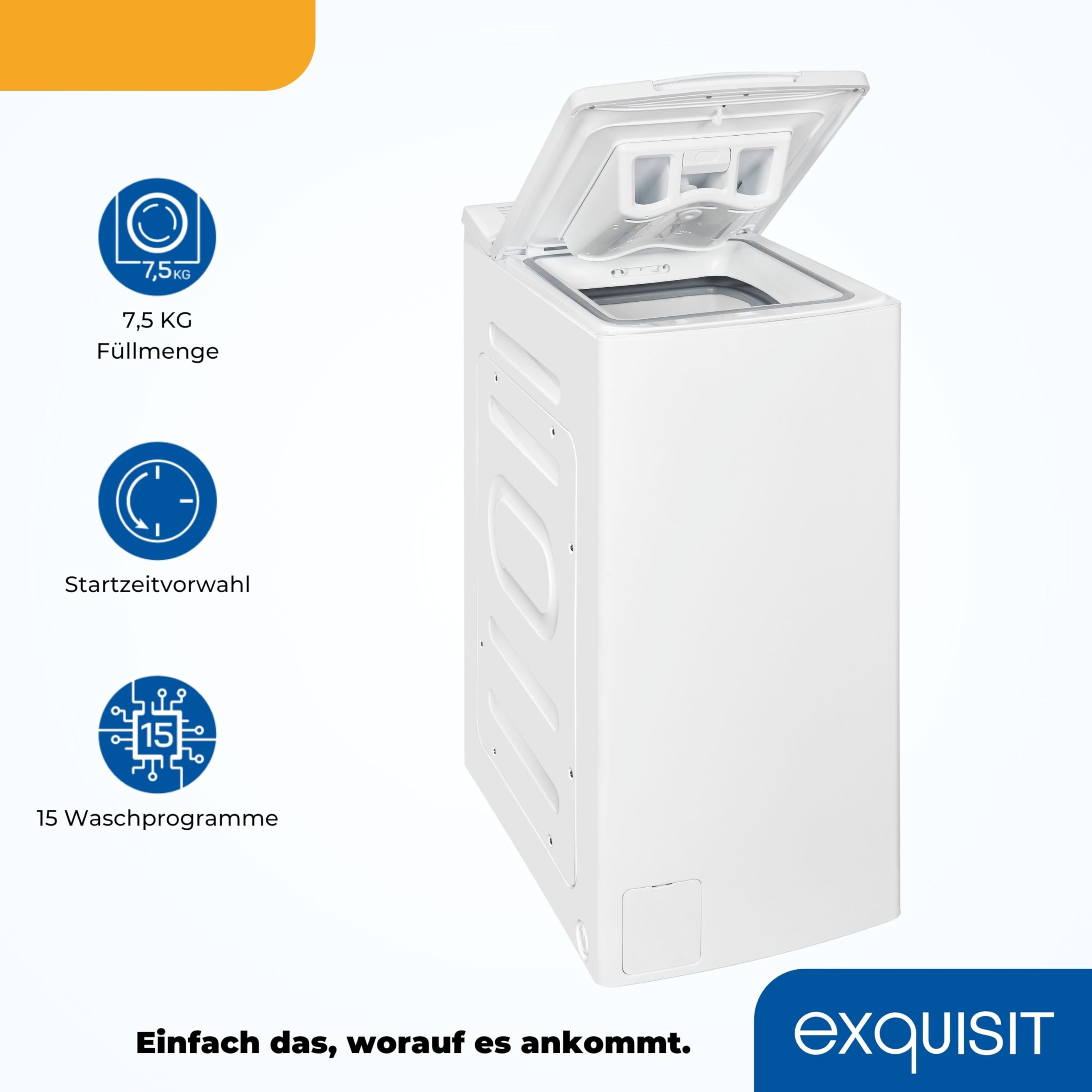Exquisit LTO1207-030A Toplader Waschmaschine 7,5kg, 1200 U/Min, Weiß | Energieklasse A - Schmale Waschvollautomat - 15 Programme - Startzeitvorwahl & Kurzprogramm - LED-Anzeige