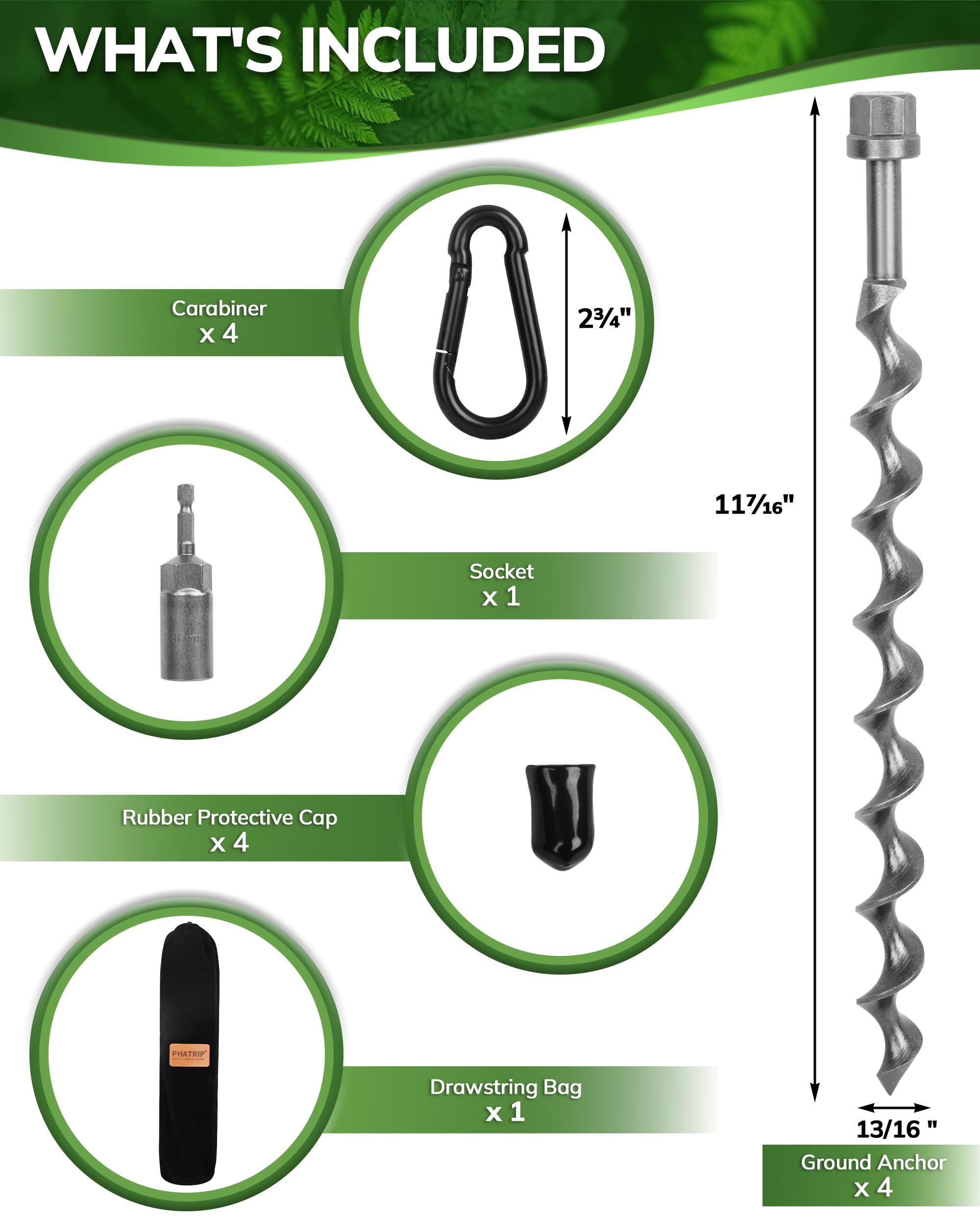 Erdanker zum Einschrauben, 29,2 cm, 4 Stück, Erdanker mit Karabinern und Kraftmutter-Bohrer, robuste Stahlanker für Campingzelte, Schaukel-Sets, Sicherung von Tieren, Schuppen und Trampolinen