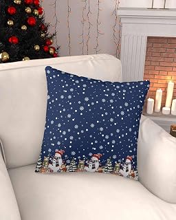 Blue Christmas Throw Pillow Cover 24 x 24 Inch Decorative Pillow Cover Snowman Squirrel Cat Snowflakes Pine Tree Lumbar Pillowcase Seasonal Square Cushion Case for Couch Sofa Bed Living Room