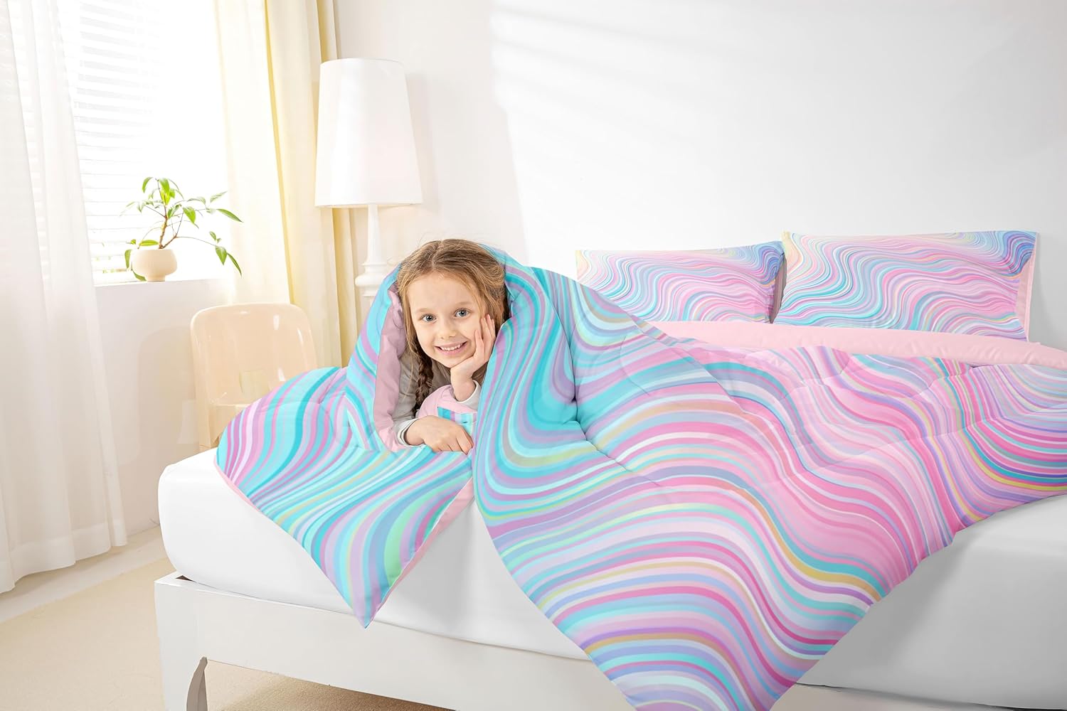 Feelyou Girls Pink Comforter Set Queen Size Kids Rainbow Stripe Bedding Set for Boys Teens Women Die Tye Comforter Breathable Geometric Duvet Princess Decor Quilt,1 Comforter with 2 Pillowcase